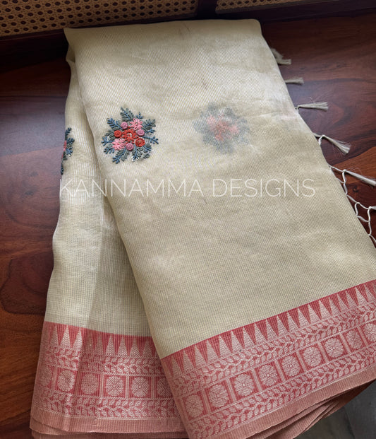 French knots Tissue Linen - Butter Yellow & Red