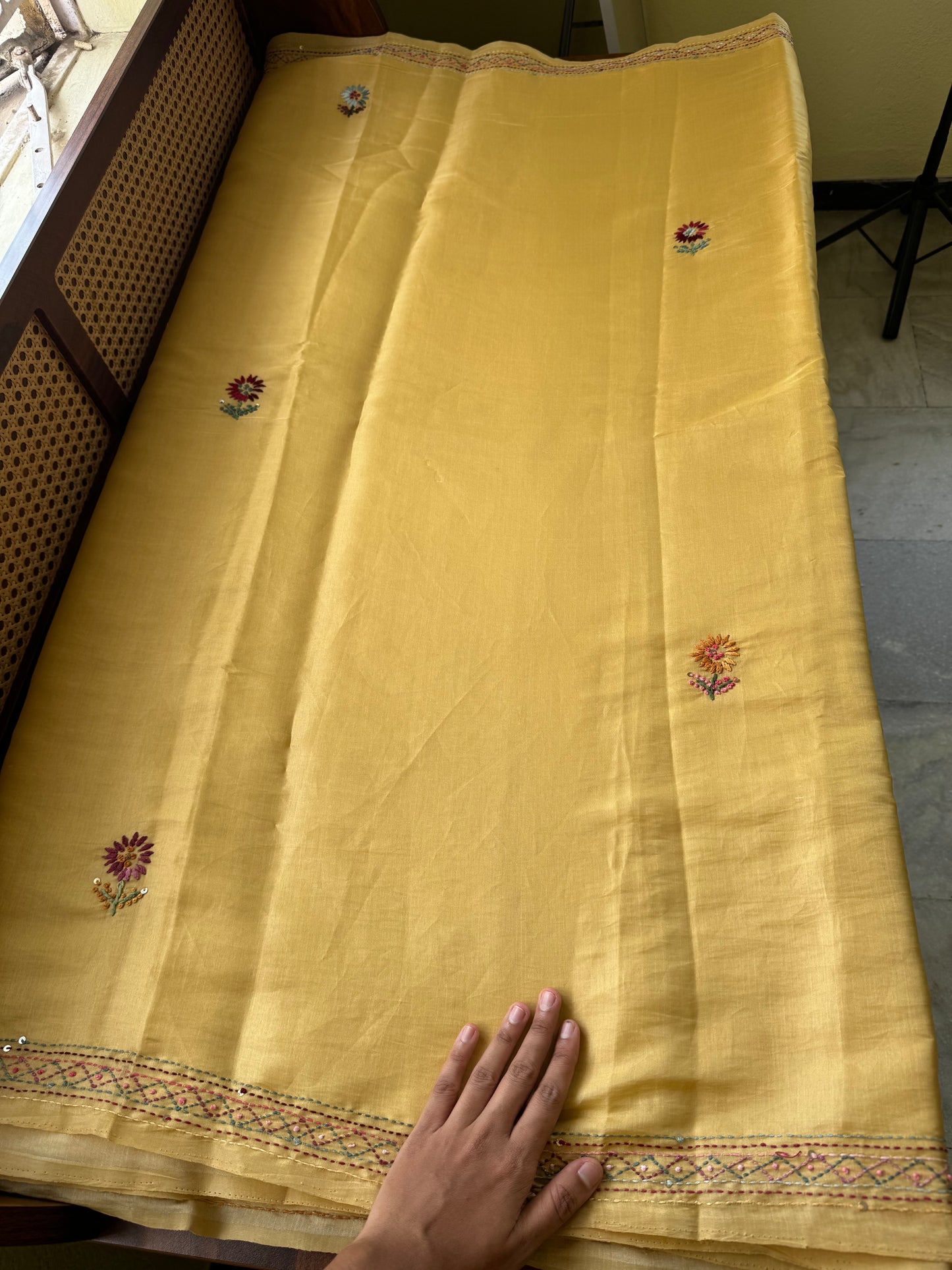 Hand Embroidered Tissue Organza Saree - Yellow