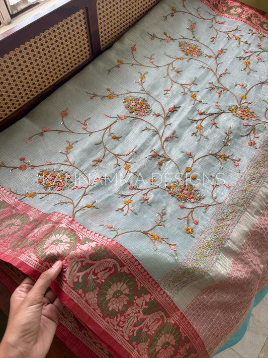 French knots Tissue Linen - Blue & Red