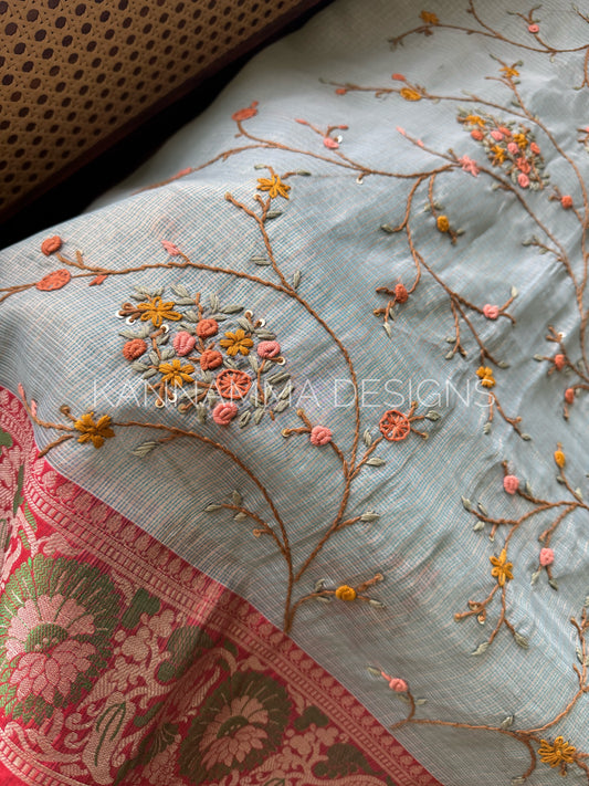 French knots Tissue Linen - Blue & Red