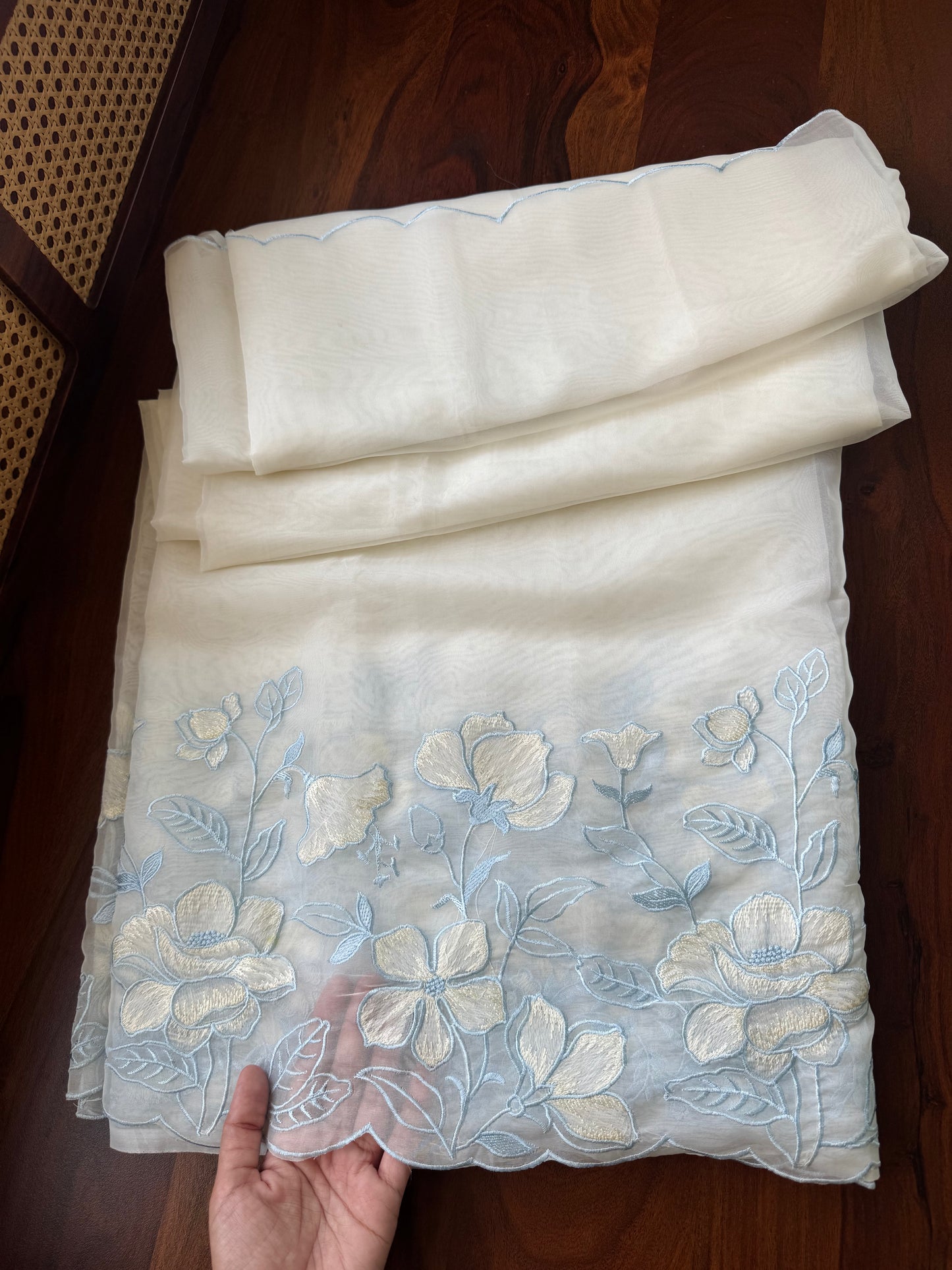 Delicate Tissue Organza Saree - White & Blue