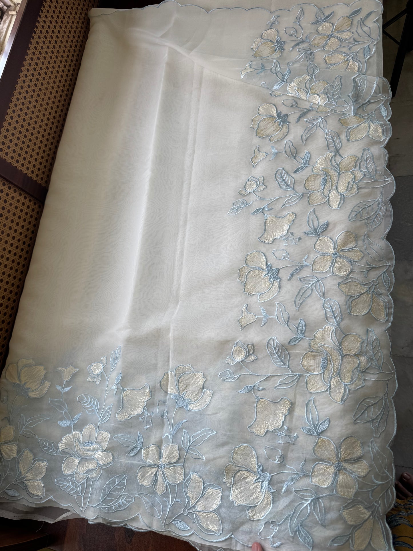 Delicate Tissue Organza Saree - White & Blue