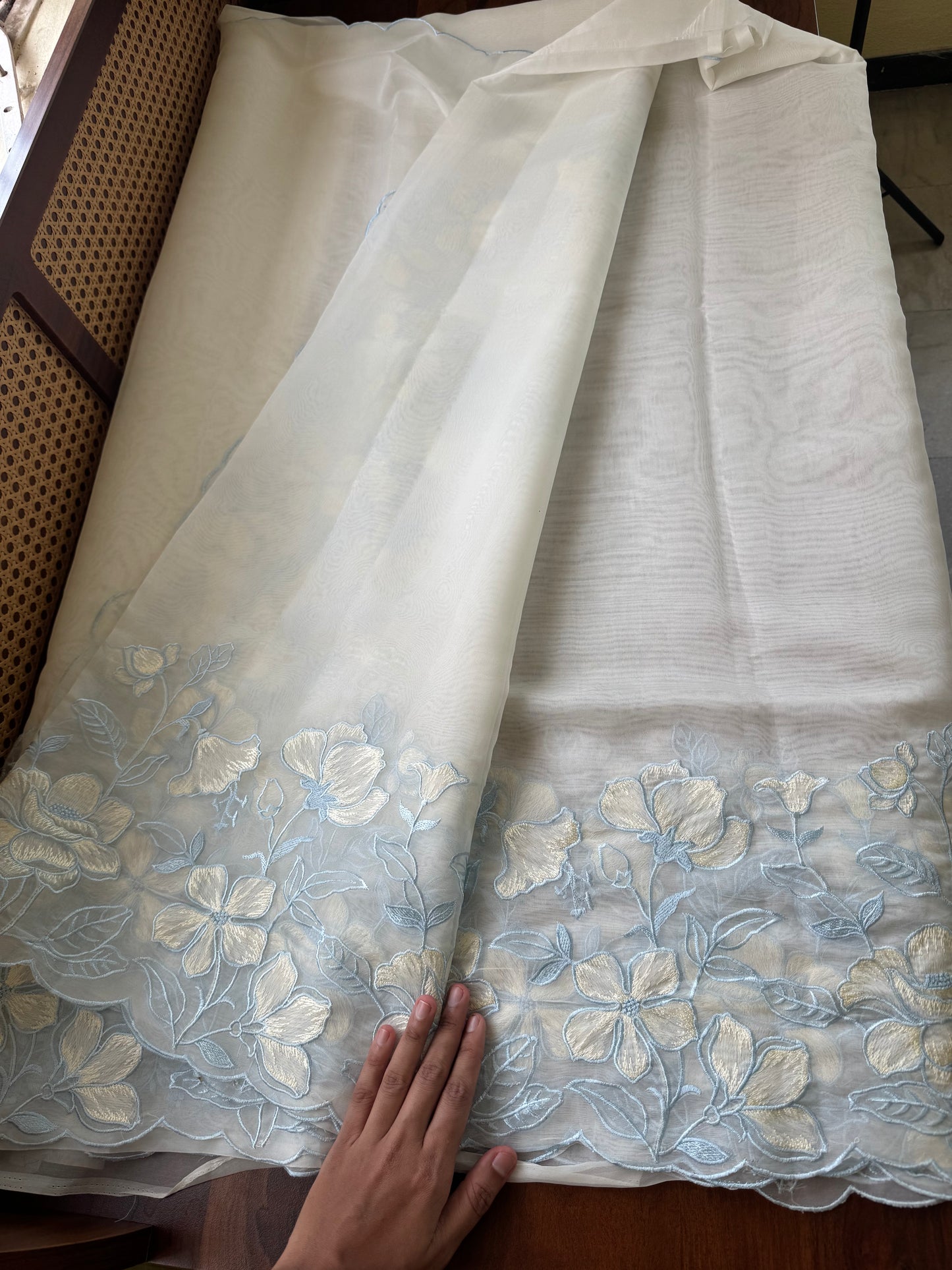 Delicate Tissue Organza Saree - White & Blue