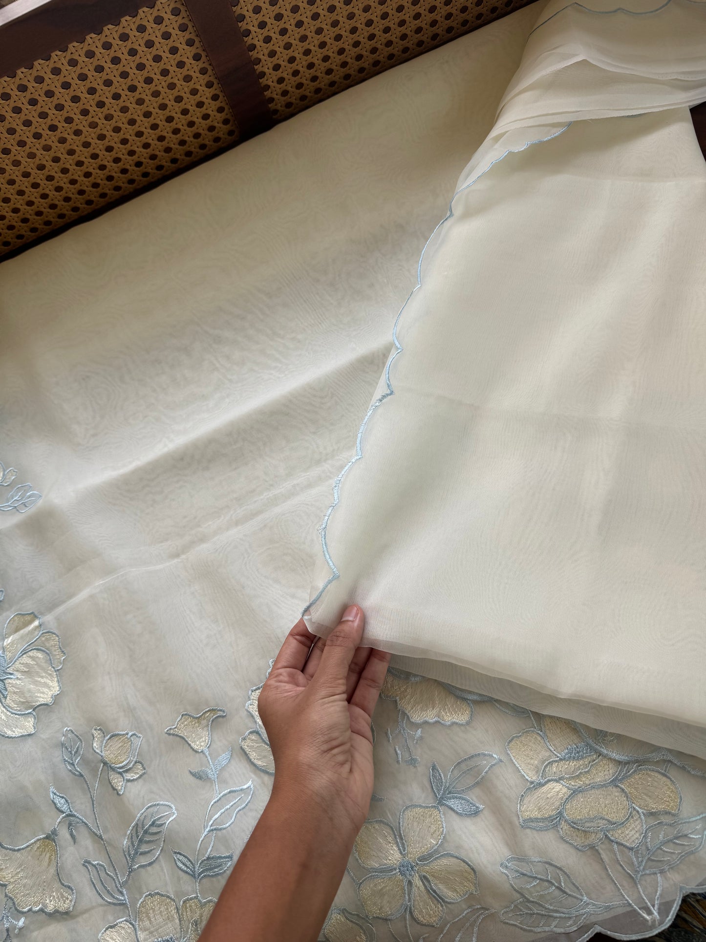 Delicate Tissue Organza Saree - White & Blue