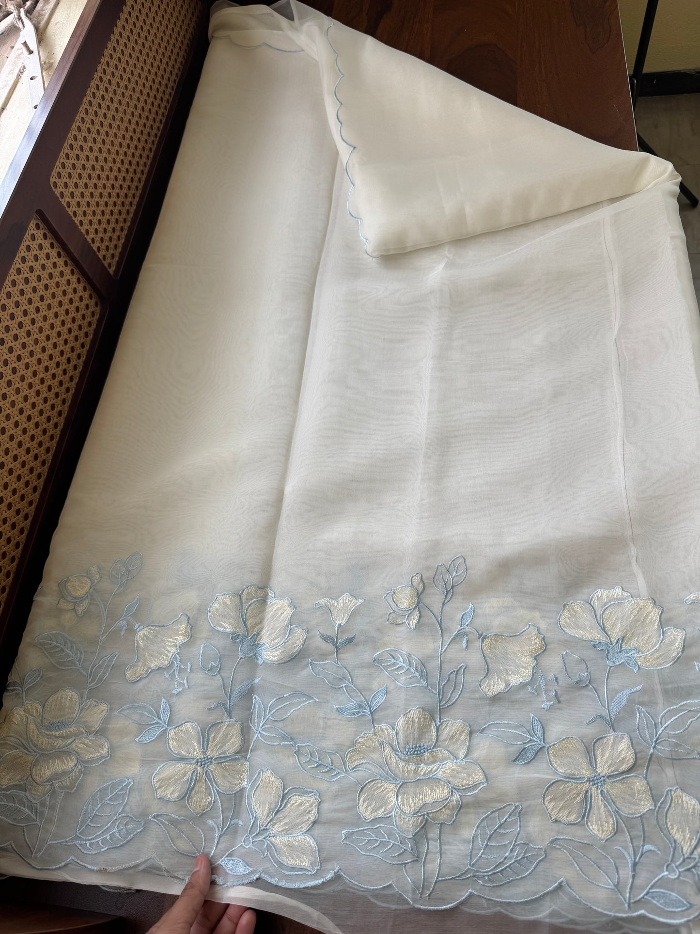 Delicate Tissue Organza Saree - White & Blue