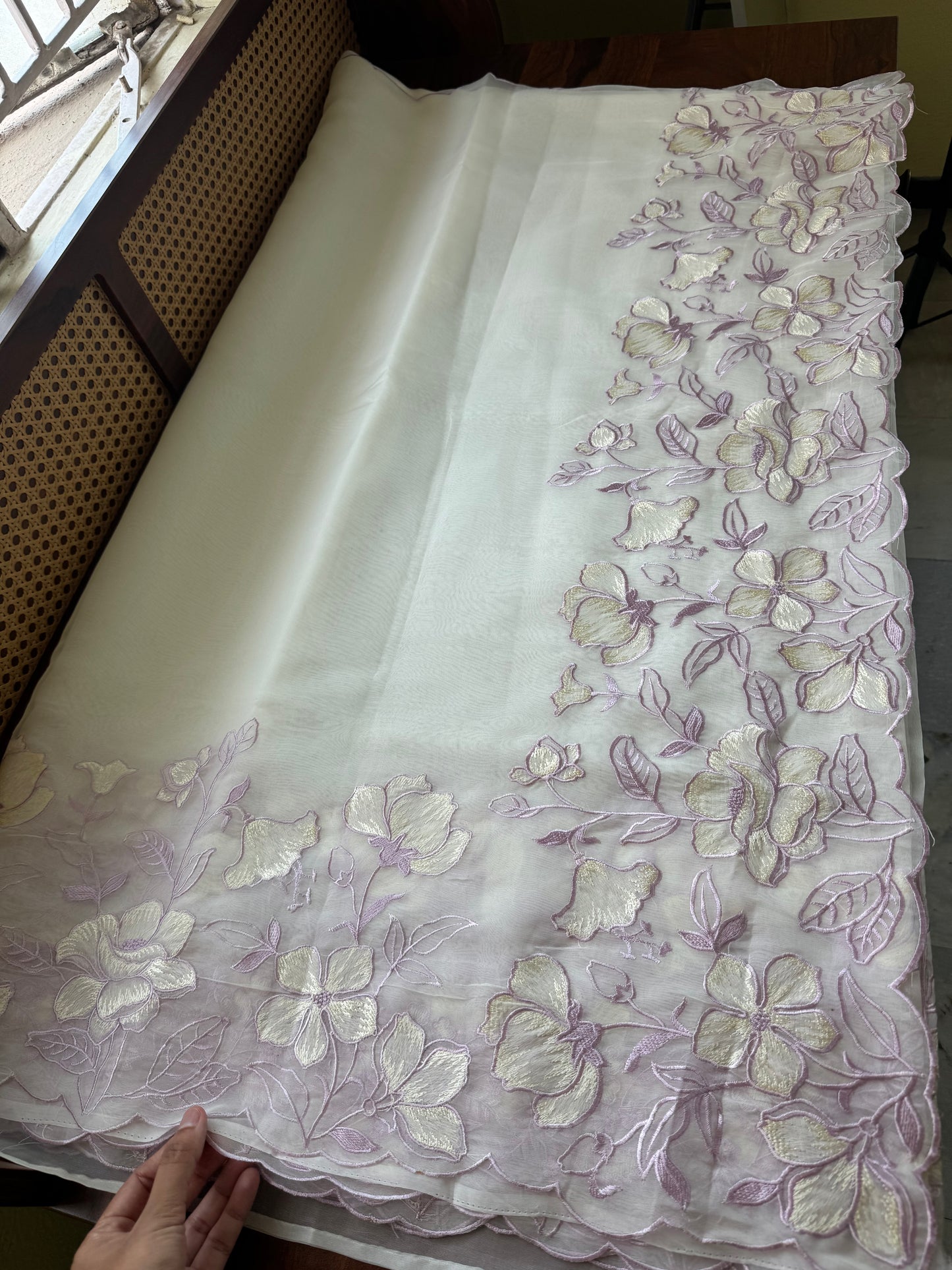 Delicate Tissue Organza Saree - White & Lavender