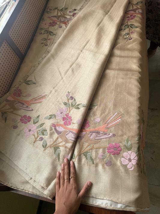 Embroidered Tussar Blend - Beige