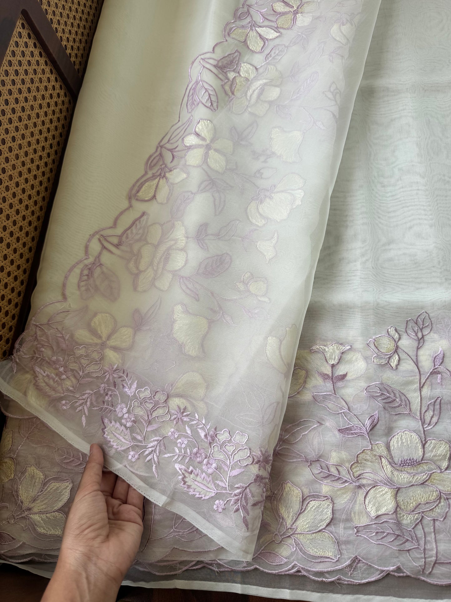 Delicate Tissue Organza Saree - White & Lavender