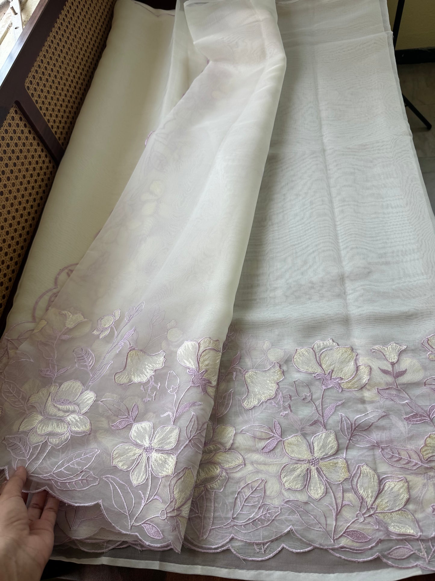 Delicate Tissue Organza Saree - White & Lavender