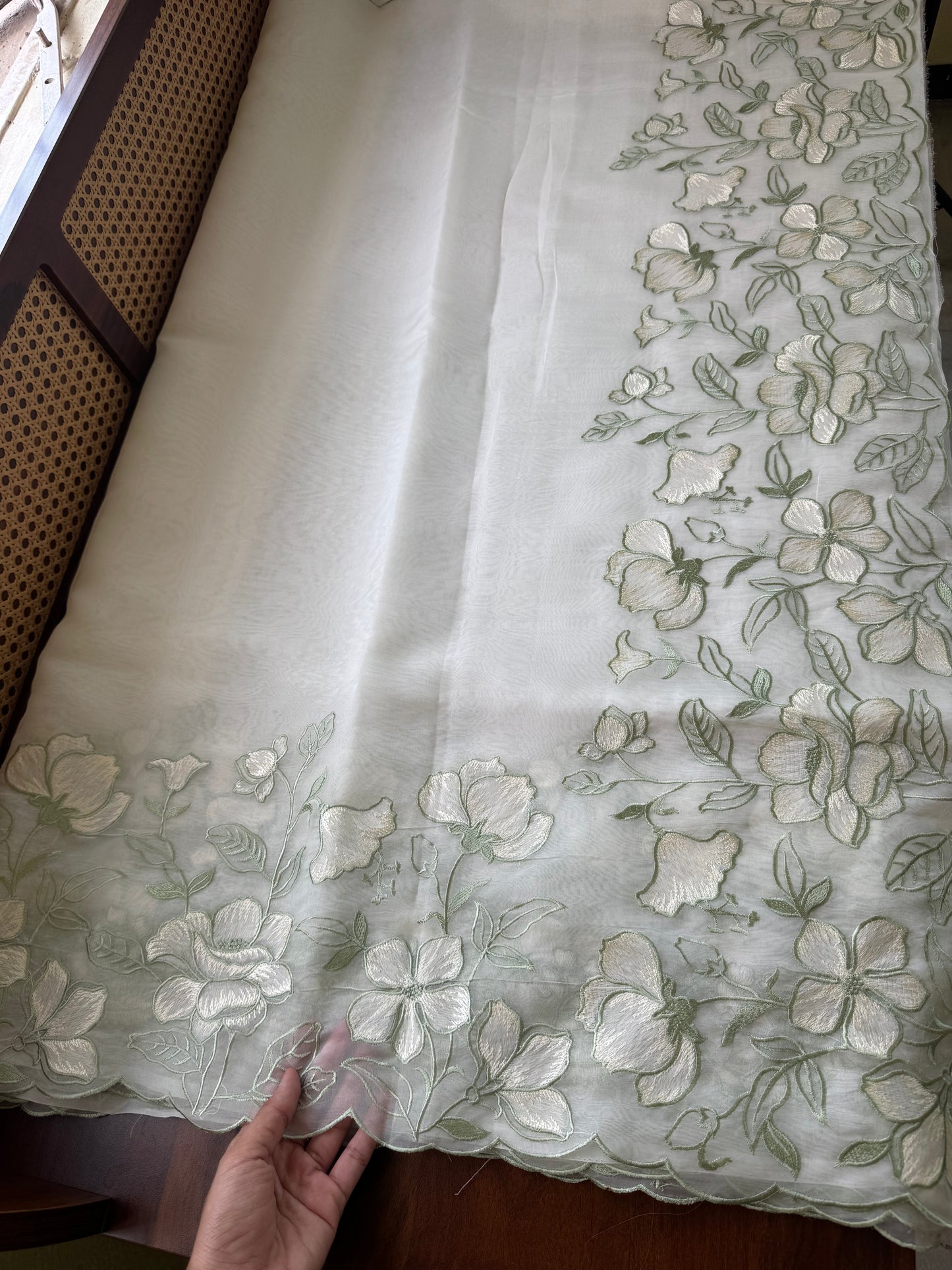 Delicate Tissue Organza Saree - White & Green