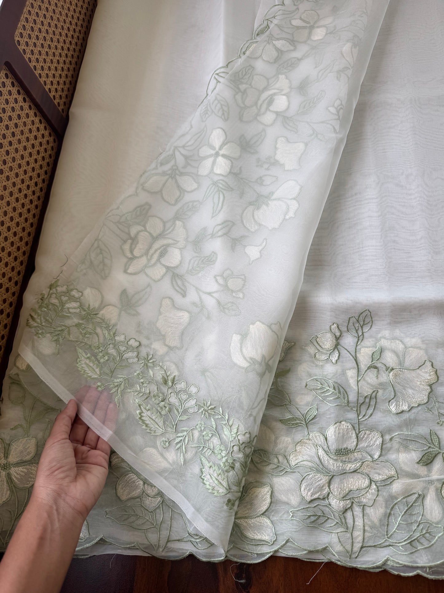 Delicate Tissue Organza Saree - White & Green