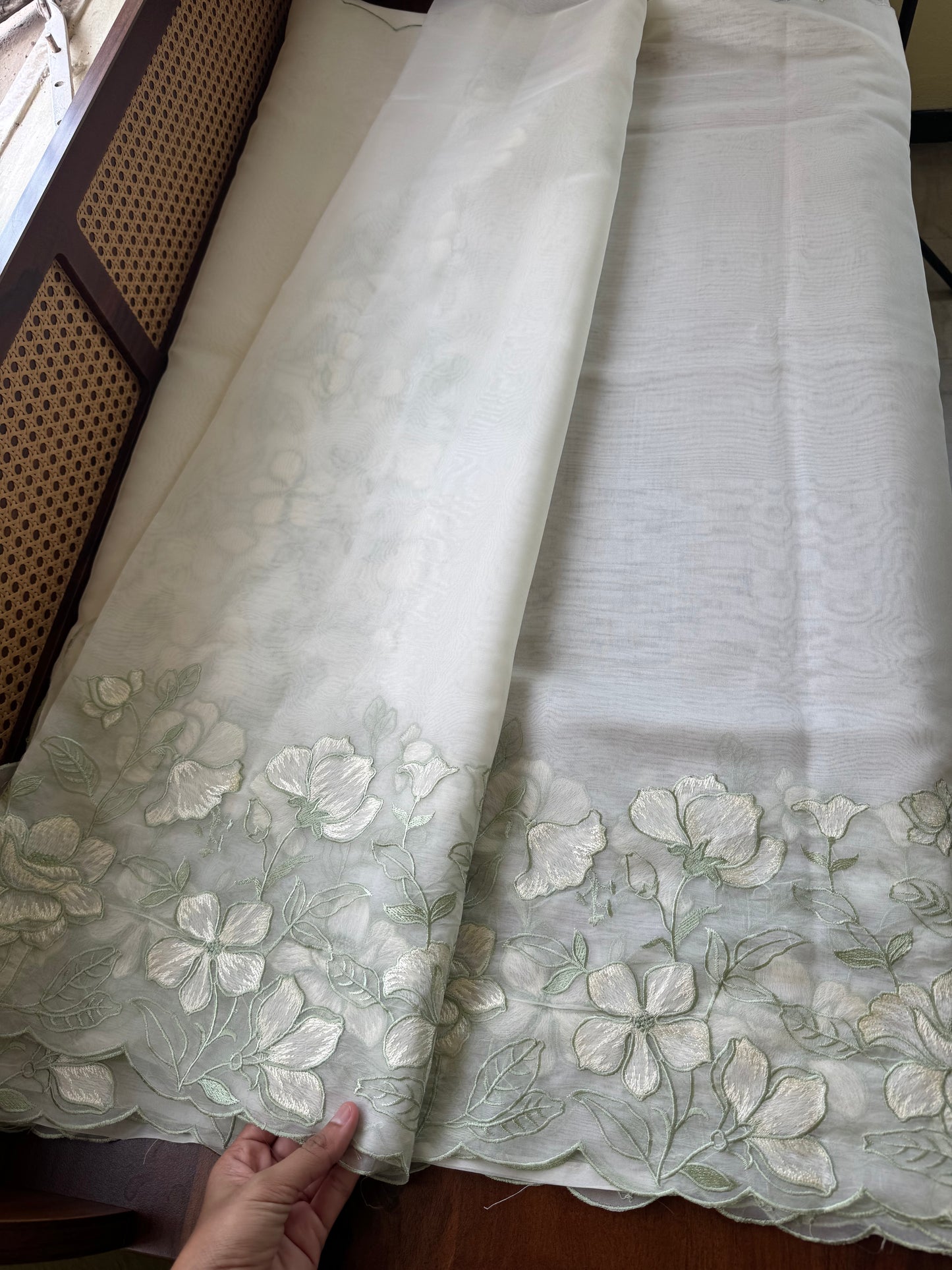 Delicate Tissue Organza Saree - White & Green