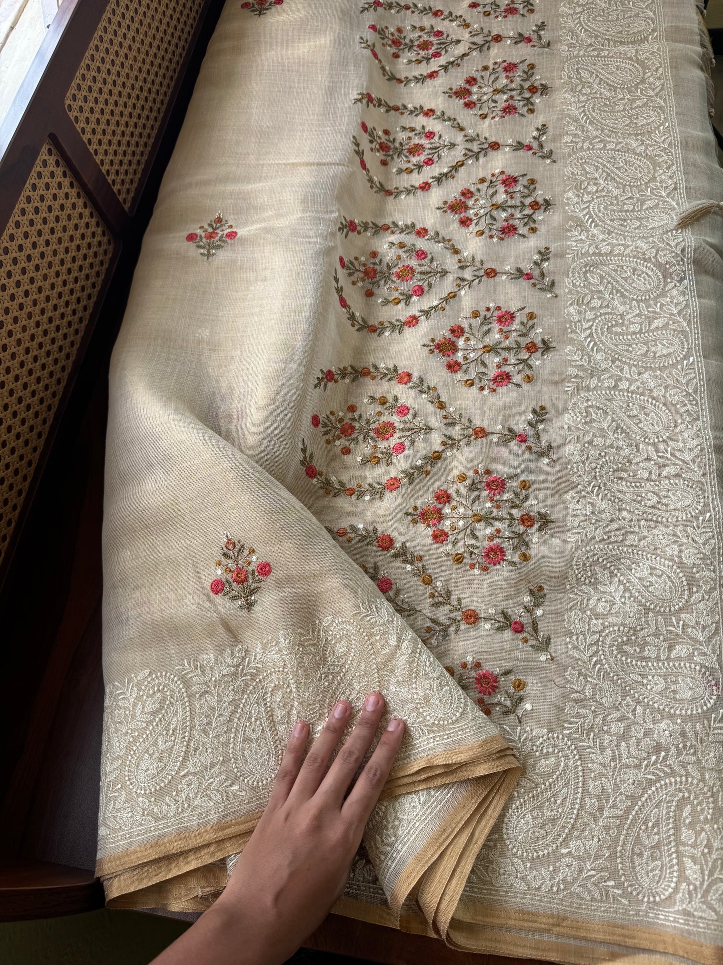 Premium Tissue Linen Sarees - Half White & Orange