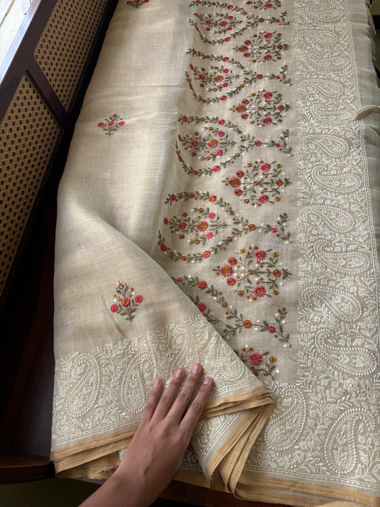 Premium Tissue Linen Sarees - Golden Cream & Orange