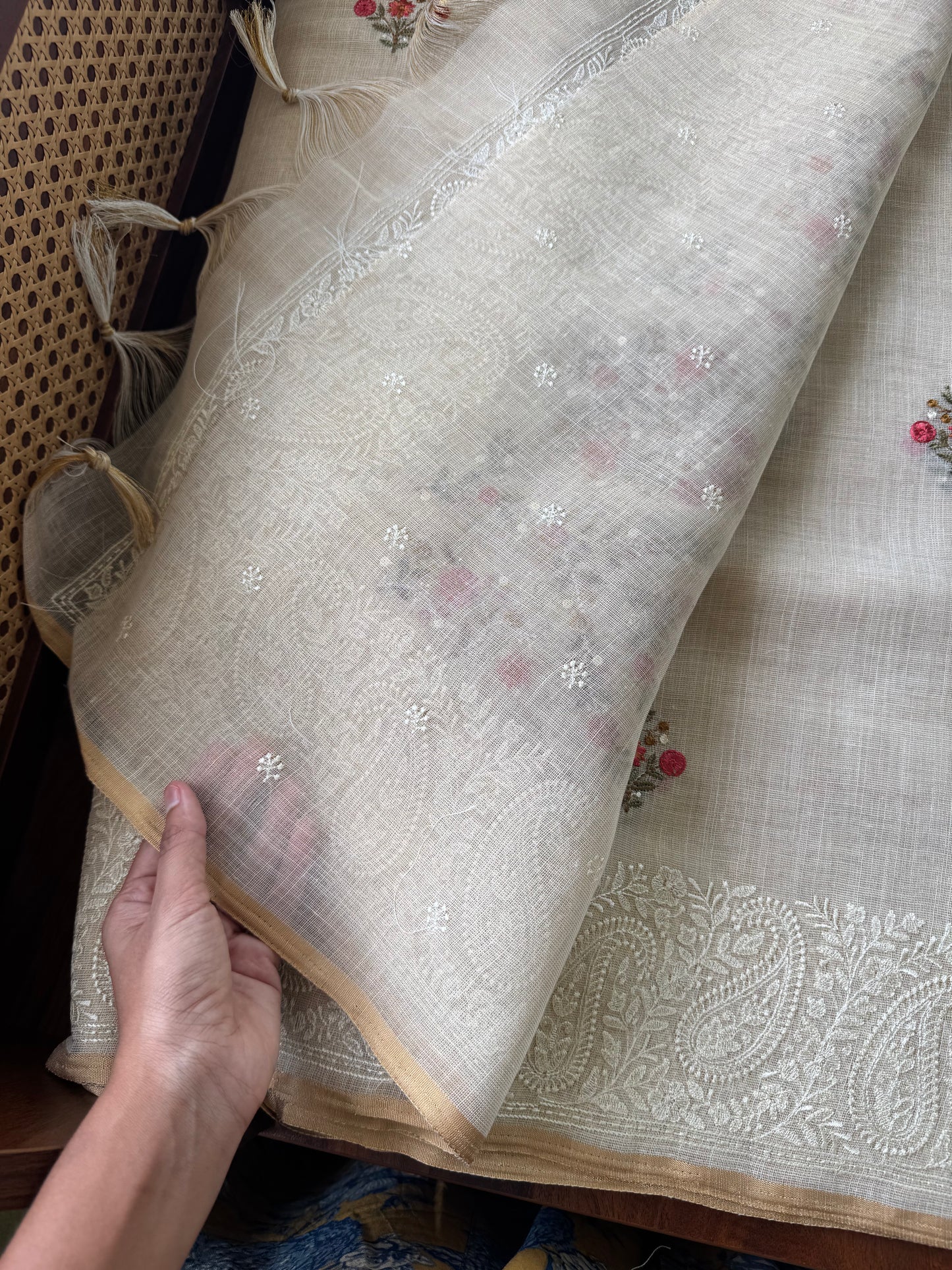 Premium Tissue Linen Sarees - Half White & Orange