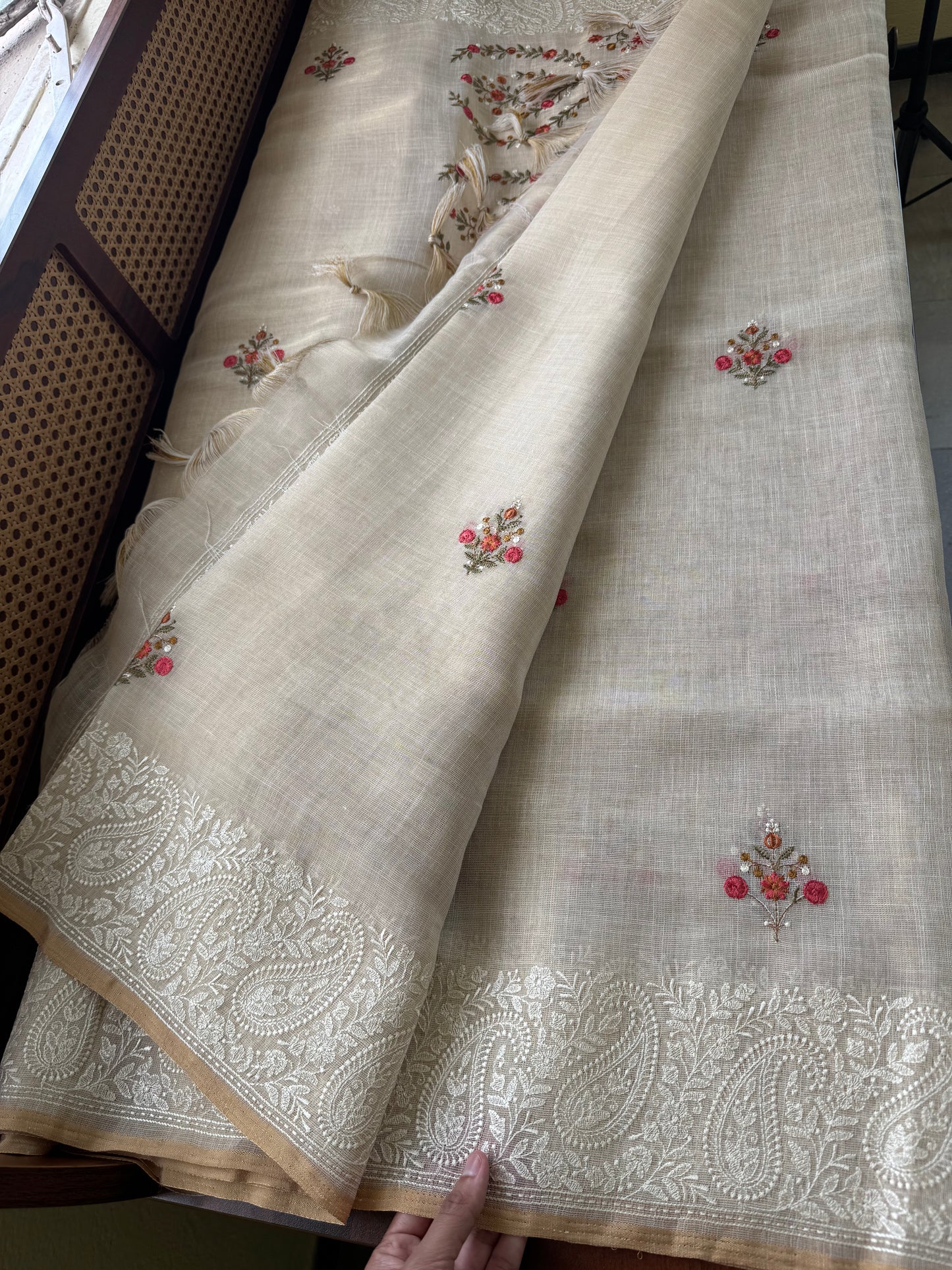 Premium Tissue Linen Sarees - Half White & Orange