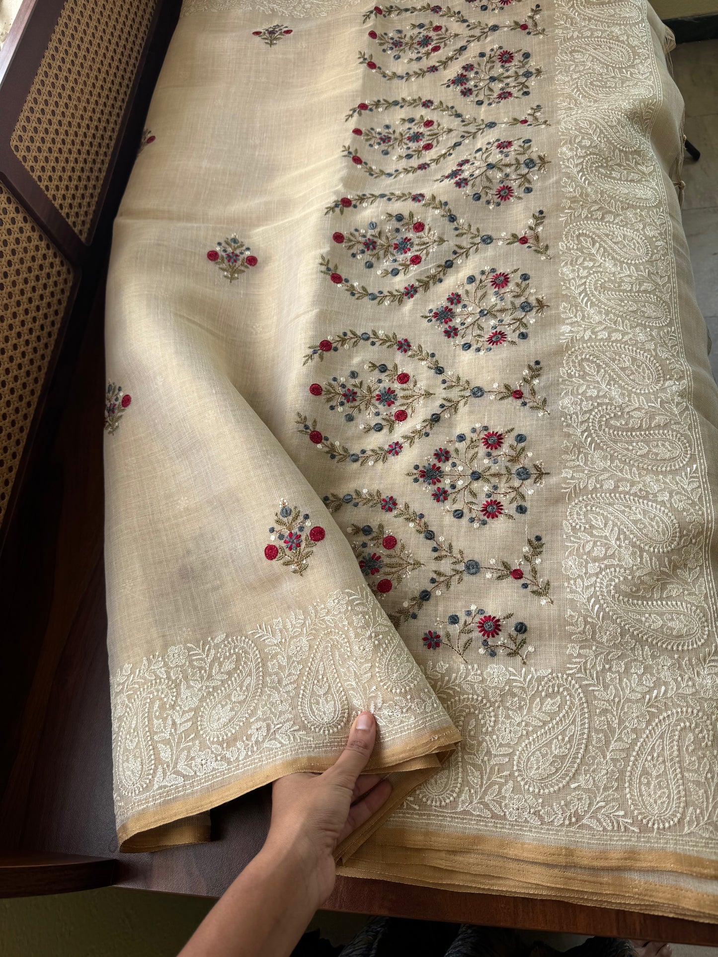 Premium Tissue Linen Sarees - Half White & Blue
