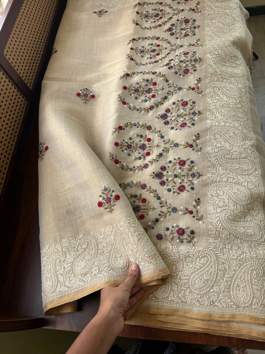 Premium Tissue Linen Sarees - Golden Cream & Blue