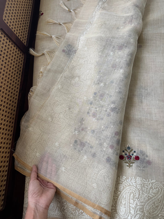 Premium Tissue Linen Sarees - Golden Cream & Blue