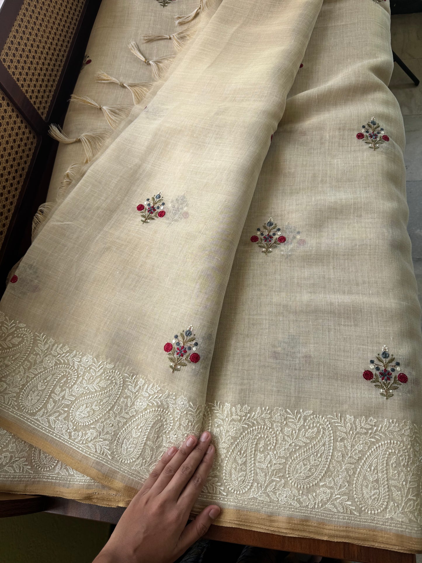 Premium Tissue Linen Sarees - Half White & Blue