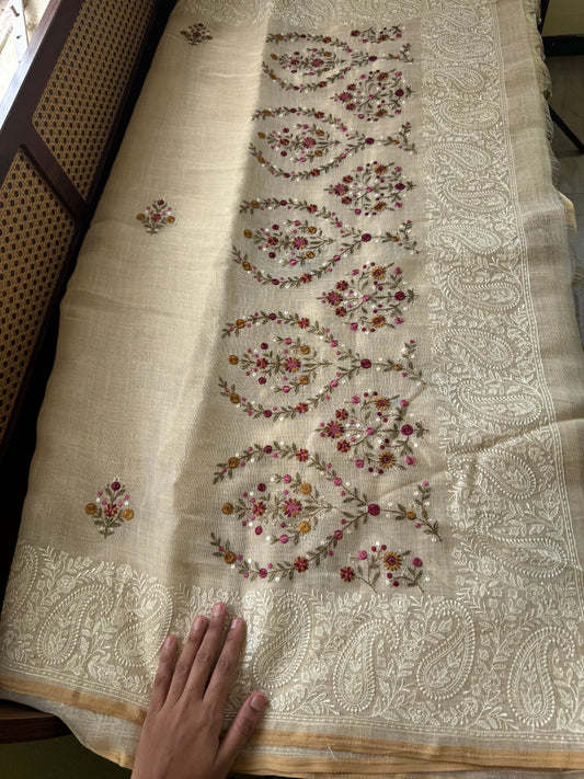 Premium Tissue Linen Sarees - Golden Cream & Pink