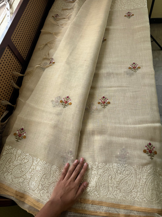 Premium Tissue Linen Sarees - Golden Cream & Pink