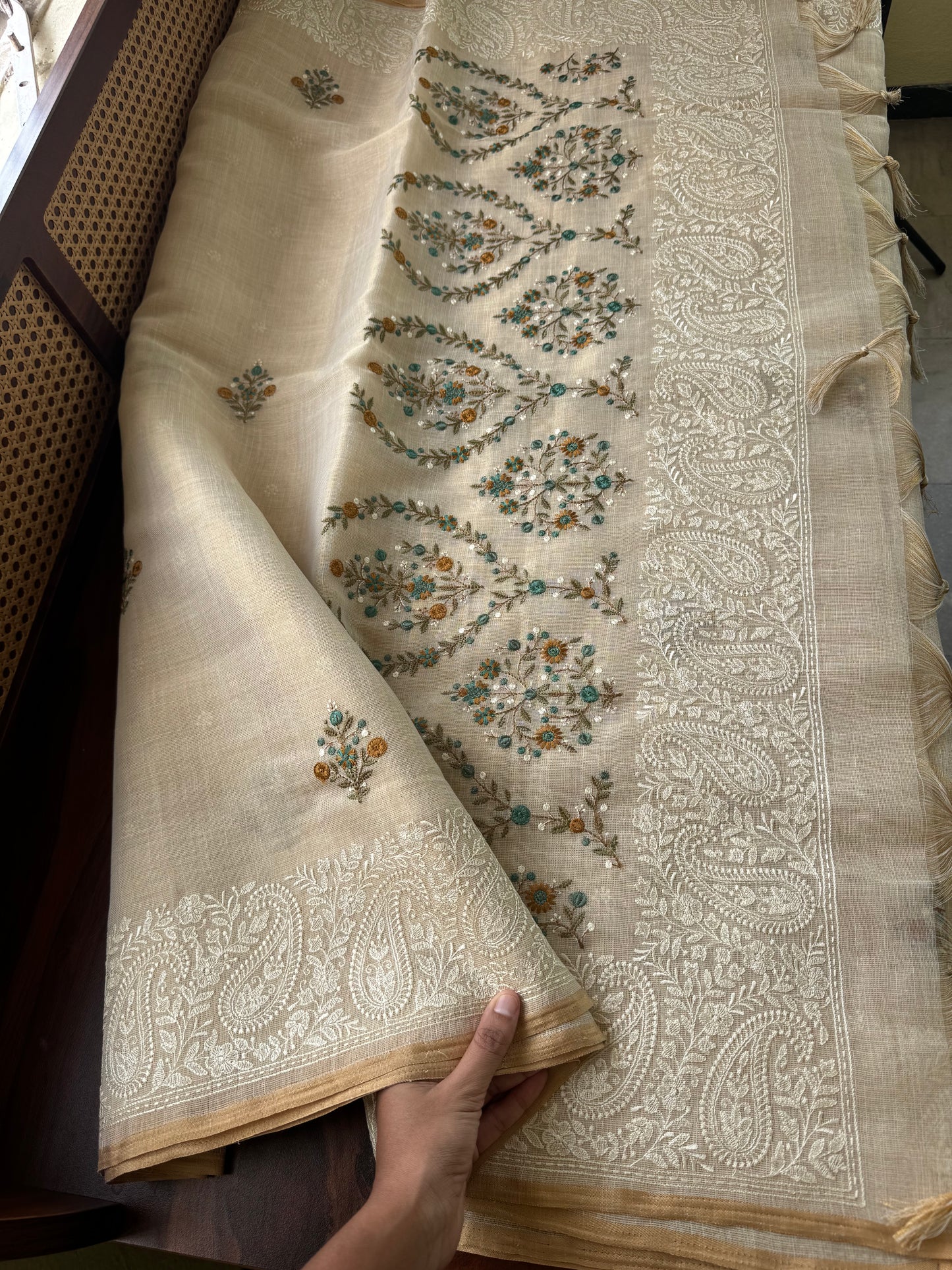 Premium Tissue Linen Sarees - Half White & Peacock Blue