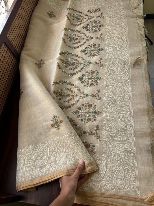 Premium Tissue Linen Sarees -Golden Cream & Peacock Blue