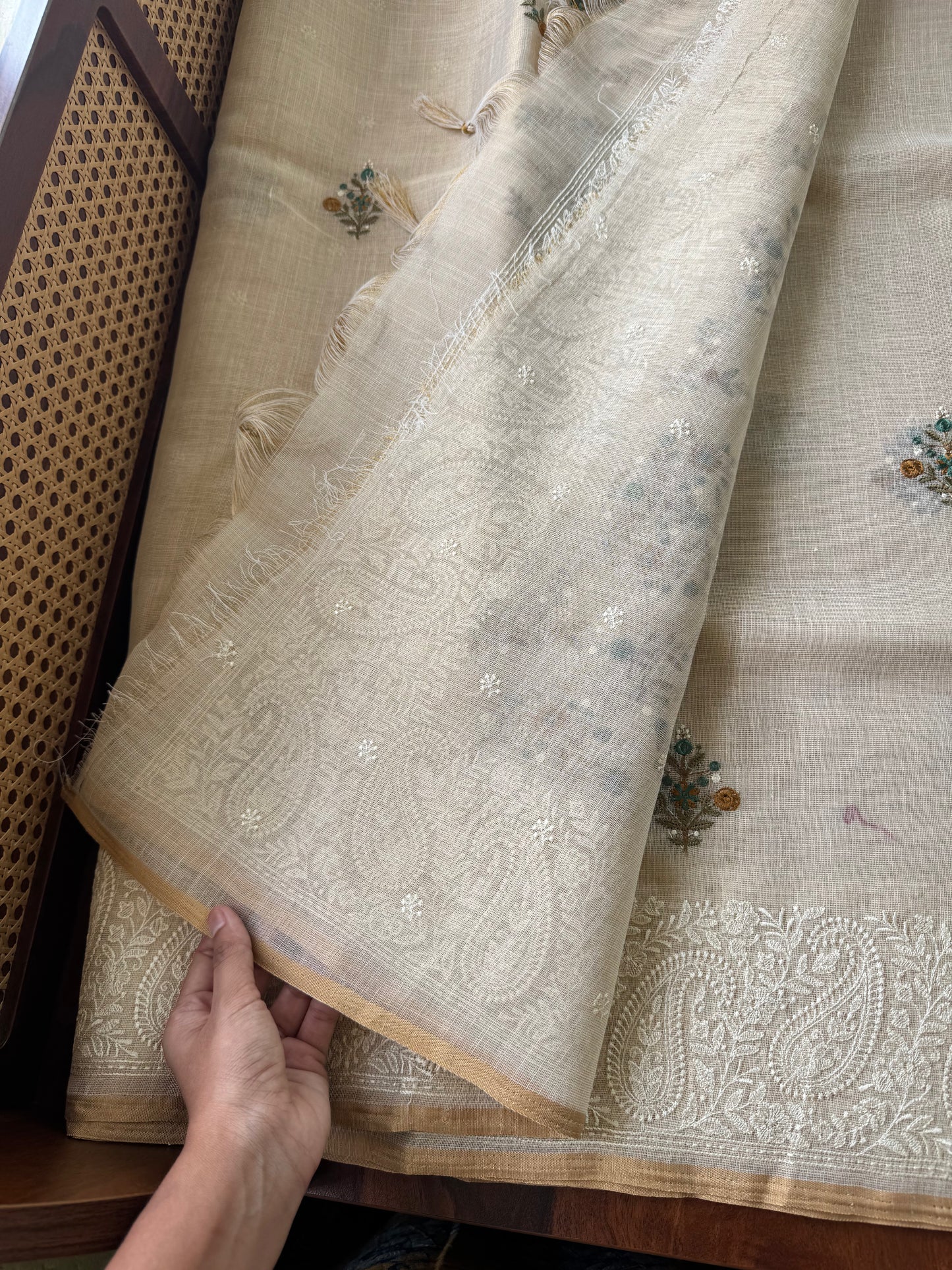 Premium Tissue Linen Sarees - Half White & Peacock Blue