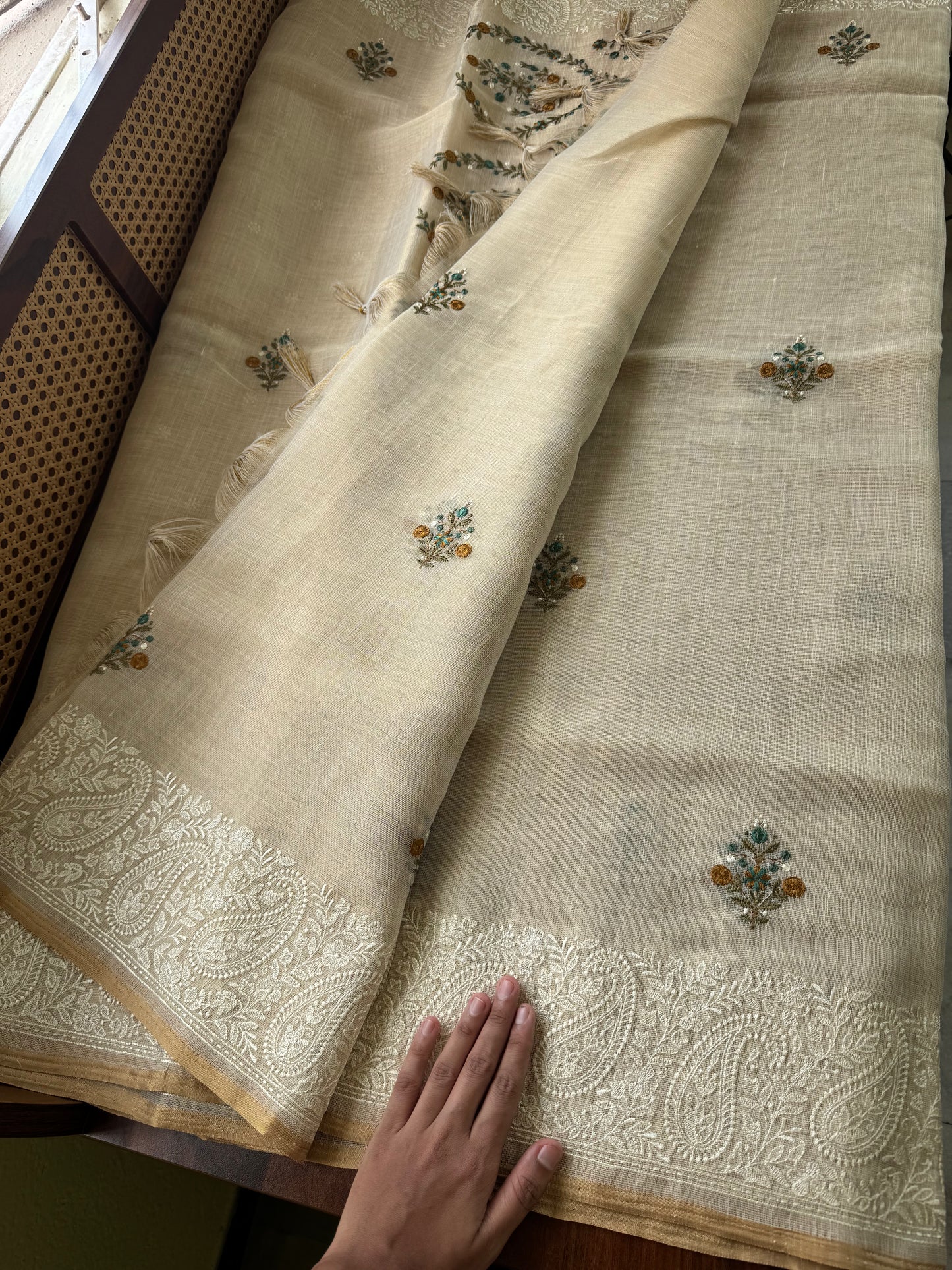 Premium Tissue Linen Sarees - Half White & Peacock Blue