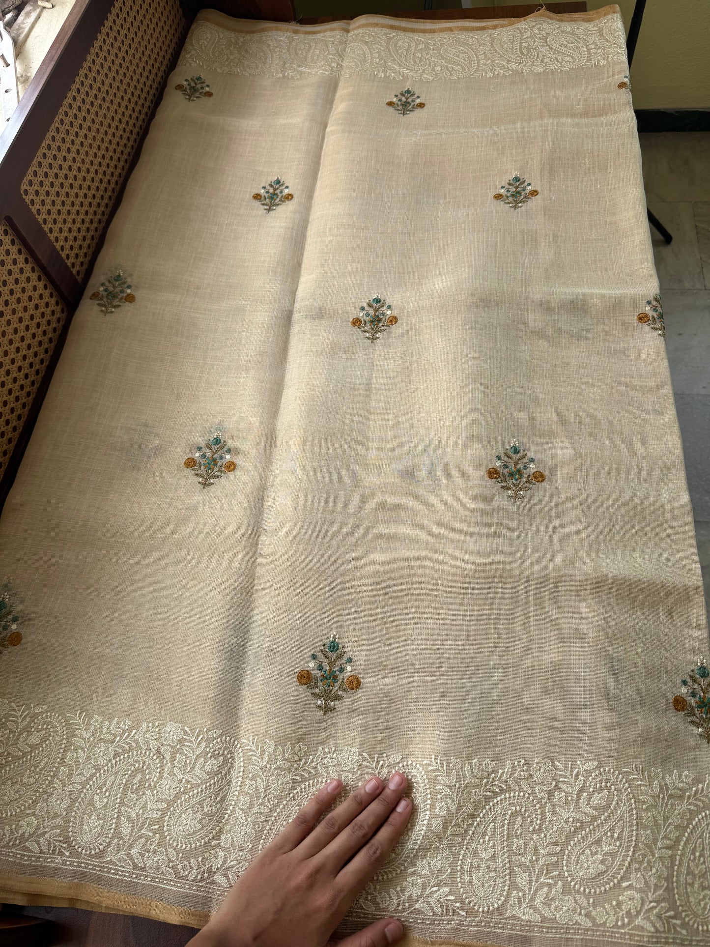Premium Tissue Linen Sarees - Half White & Peacock Blue