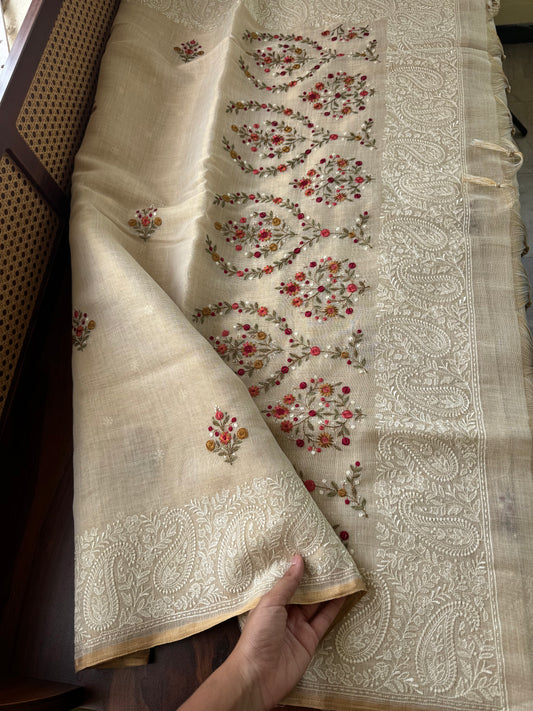 Premium Tissue Linen Sarees -Golden Cream & Cherry Red