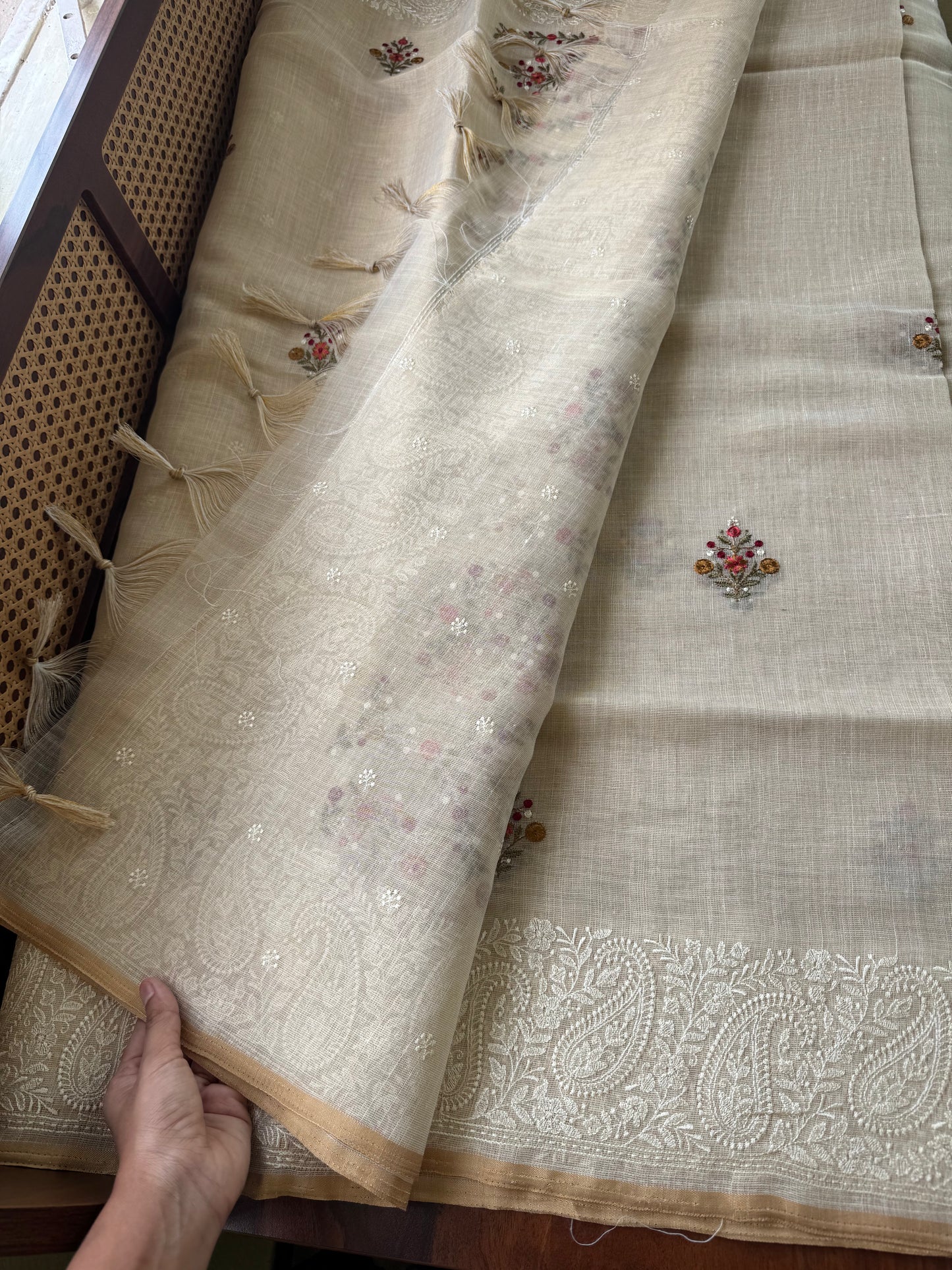 Premium Tissue Linen Sarees - Half White & Cherry Red