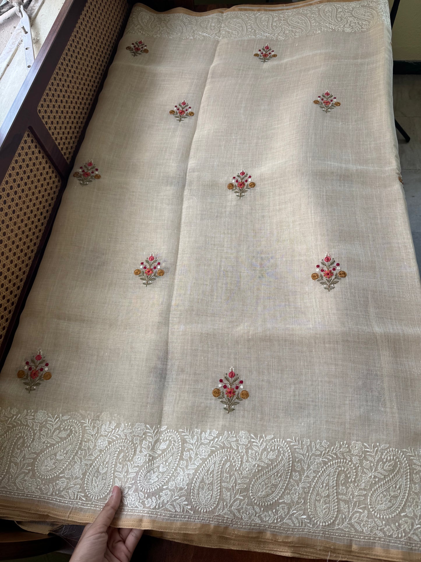 Premium Tissue Linen Sarees - Half White & Cherry Red