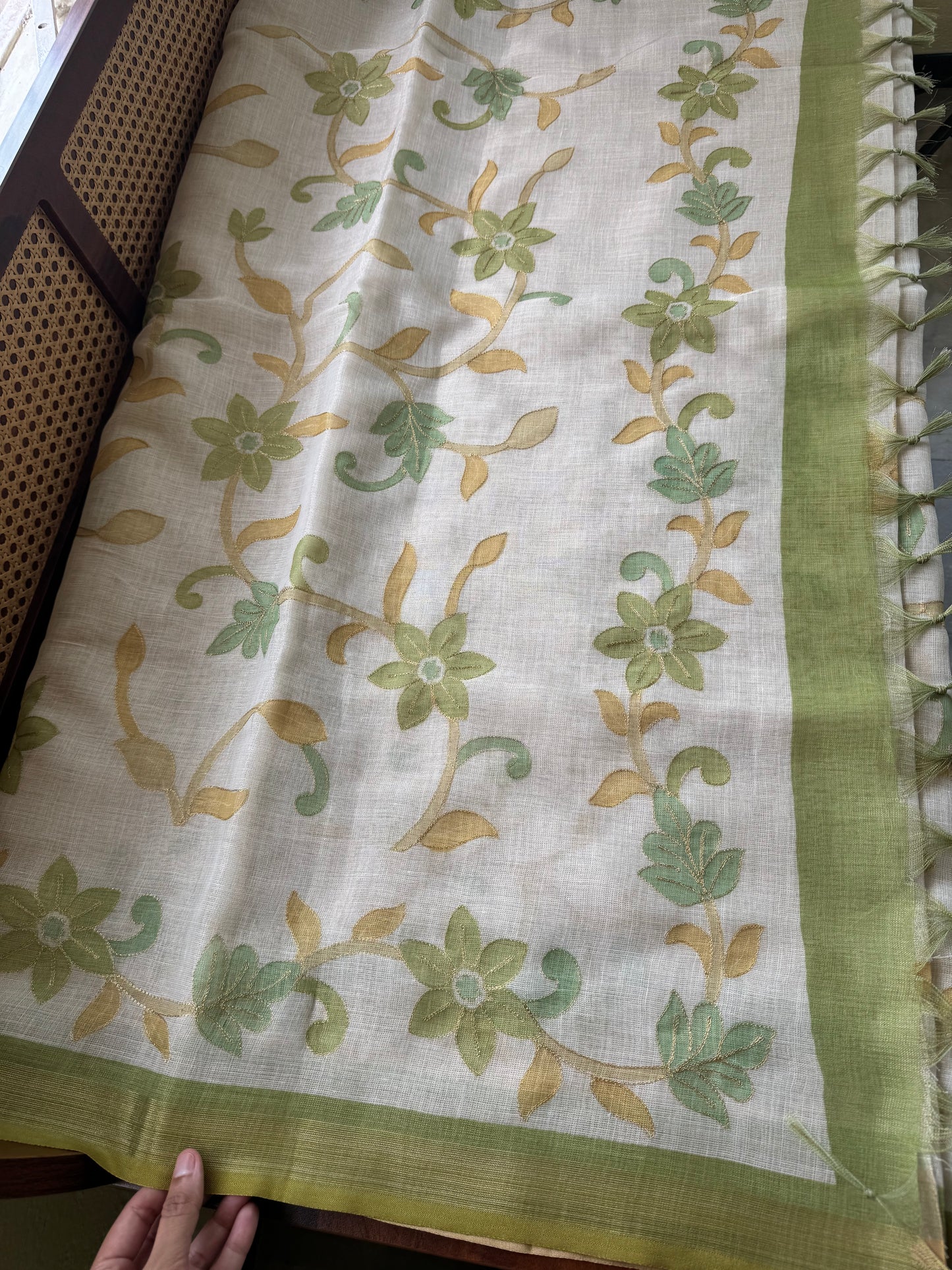 Tissue Linen Saree with Aari work - Half White & Green