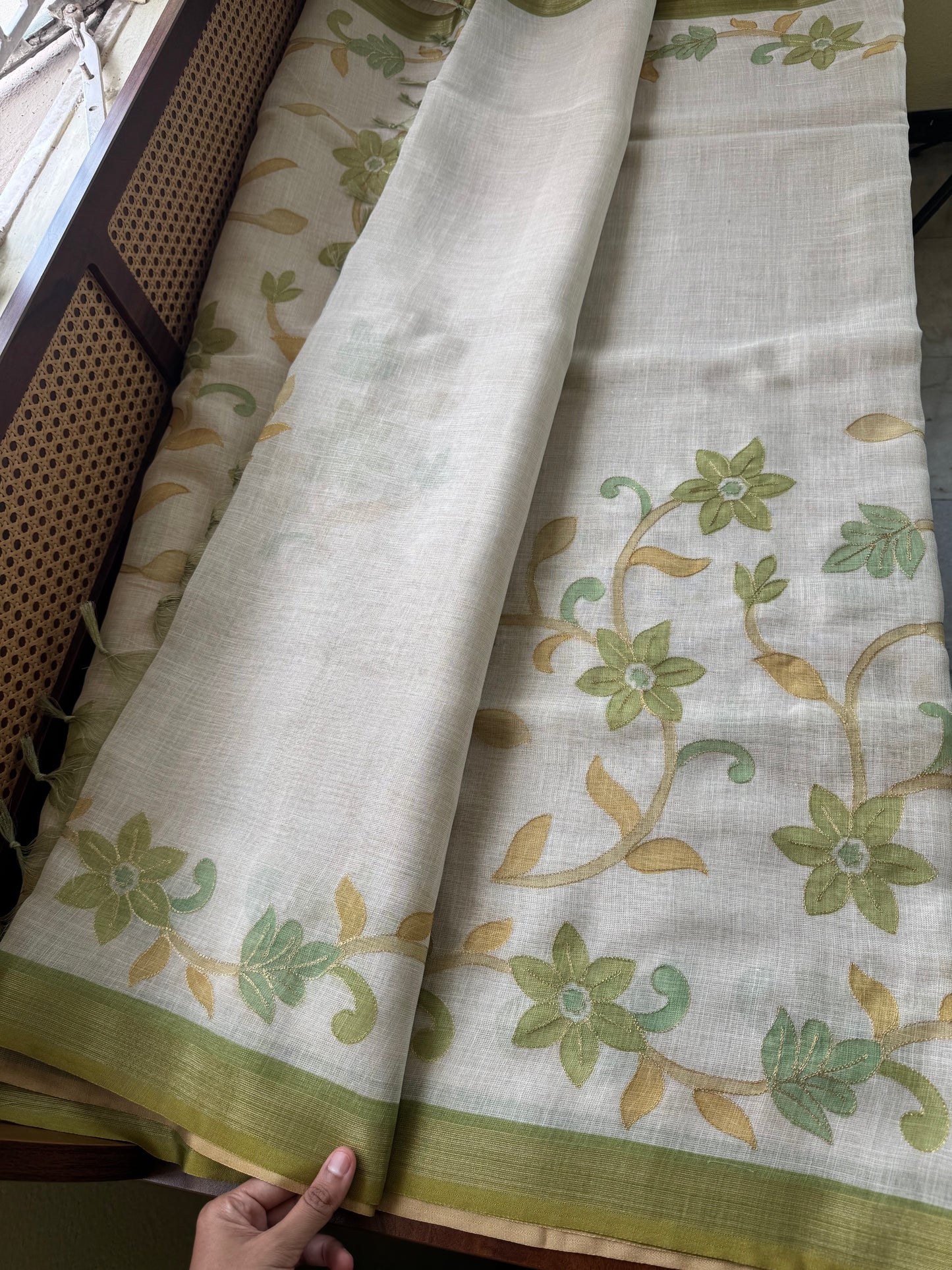 Tissue Linen Saree with Aari work - Half White & Green