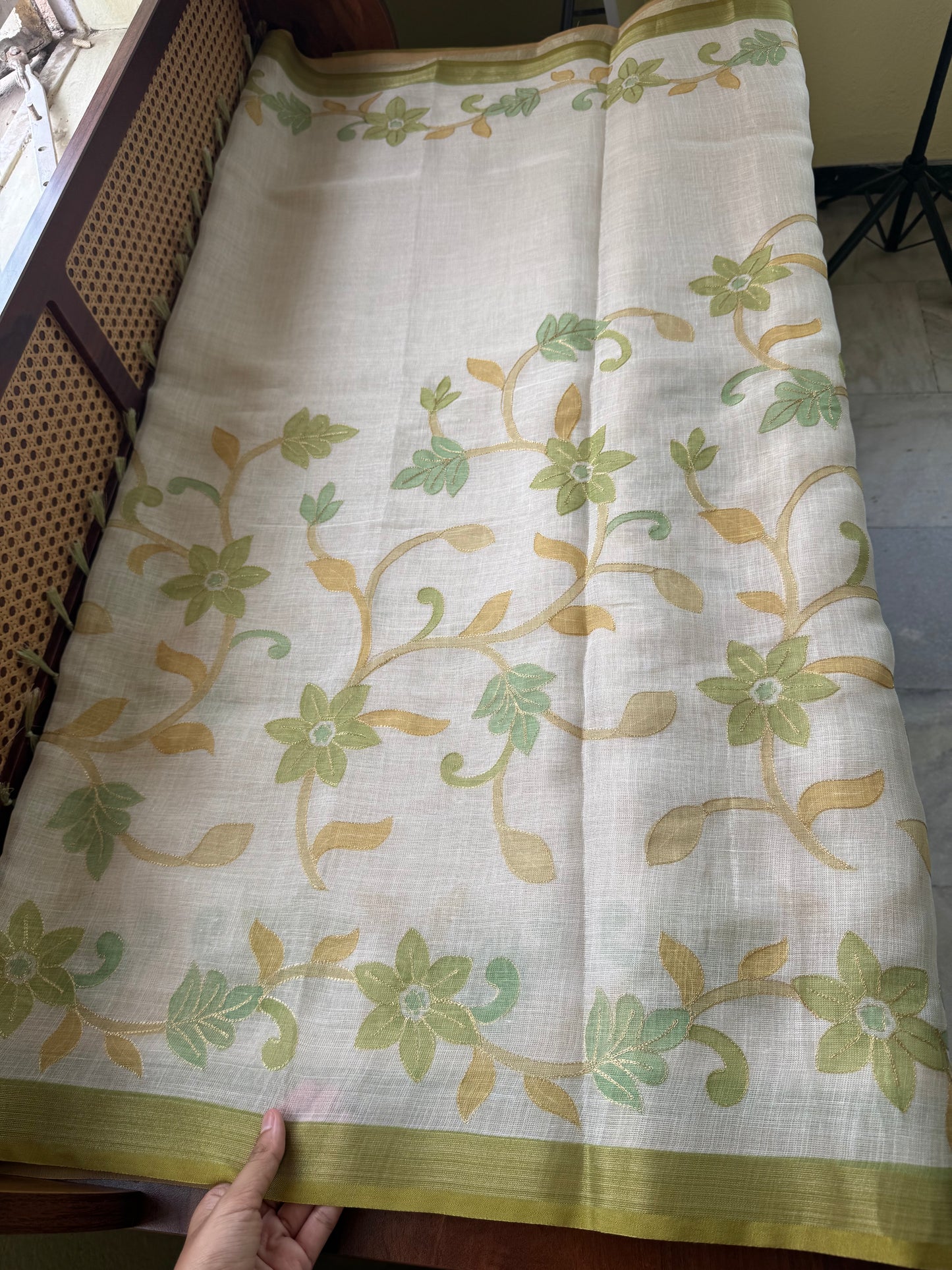 Tissue Linen Saree with Aari work - Half White & Green