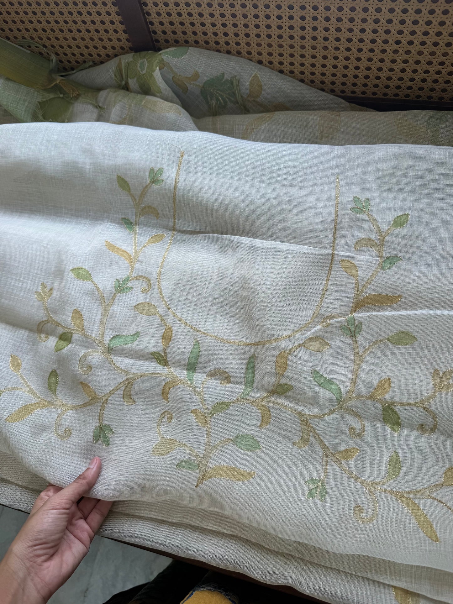 Tissue Linen Saree with Aari work - Half White & Green