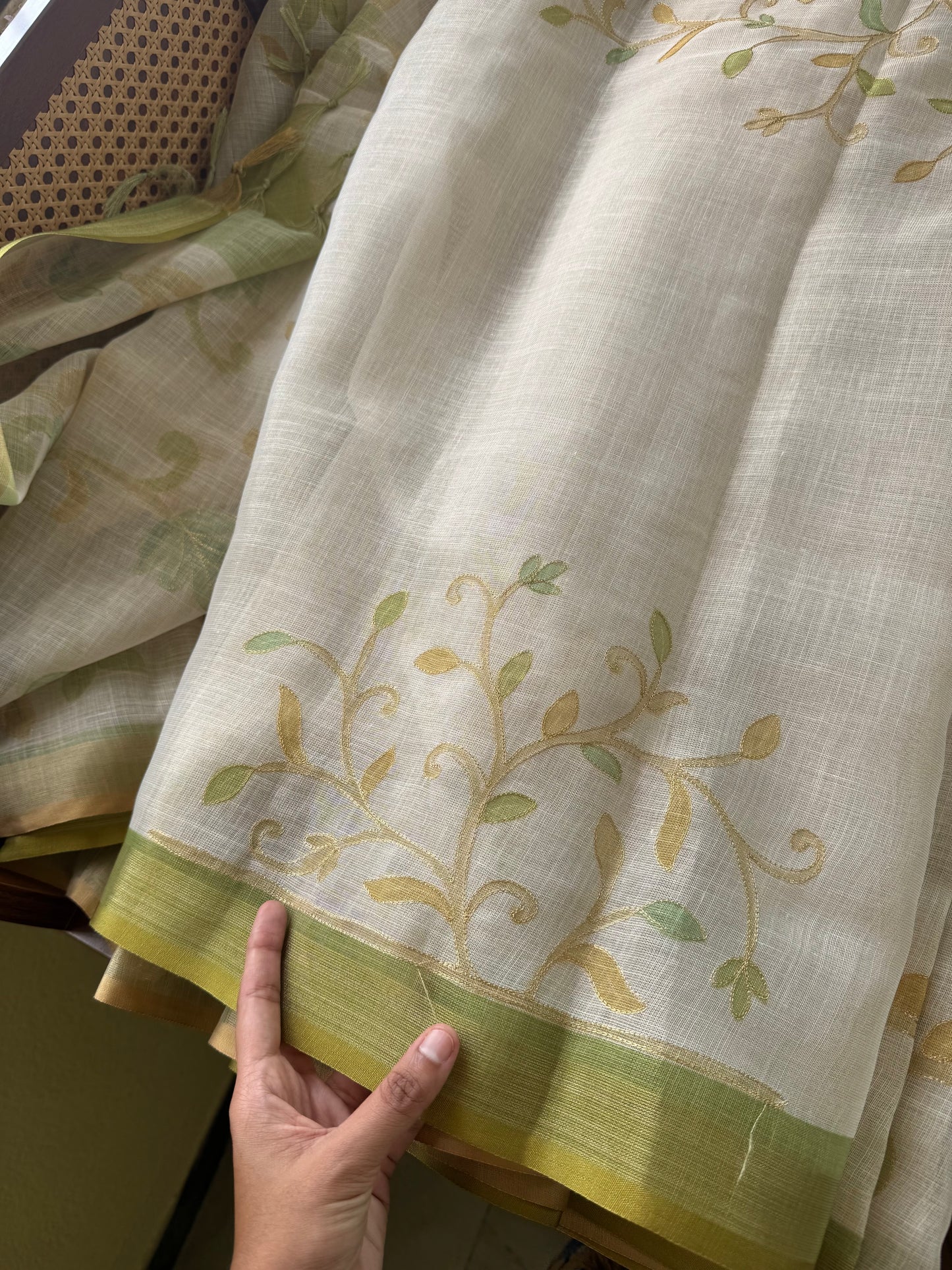 Tissue Linen Saree with Aari work - Half White & Green