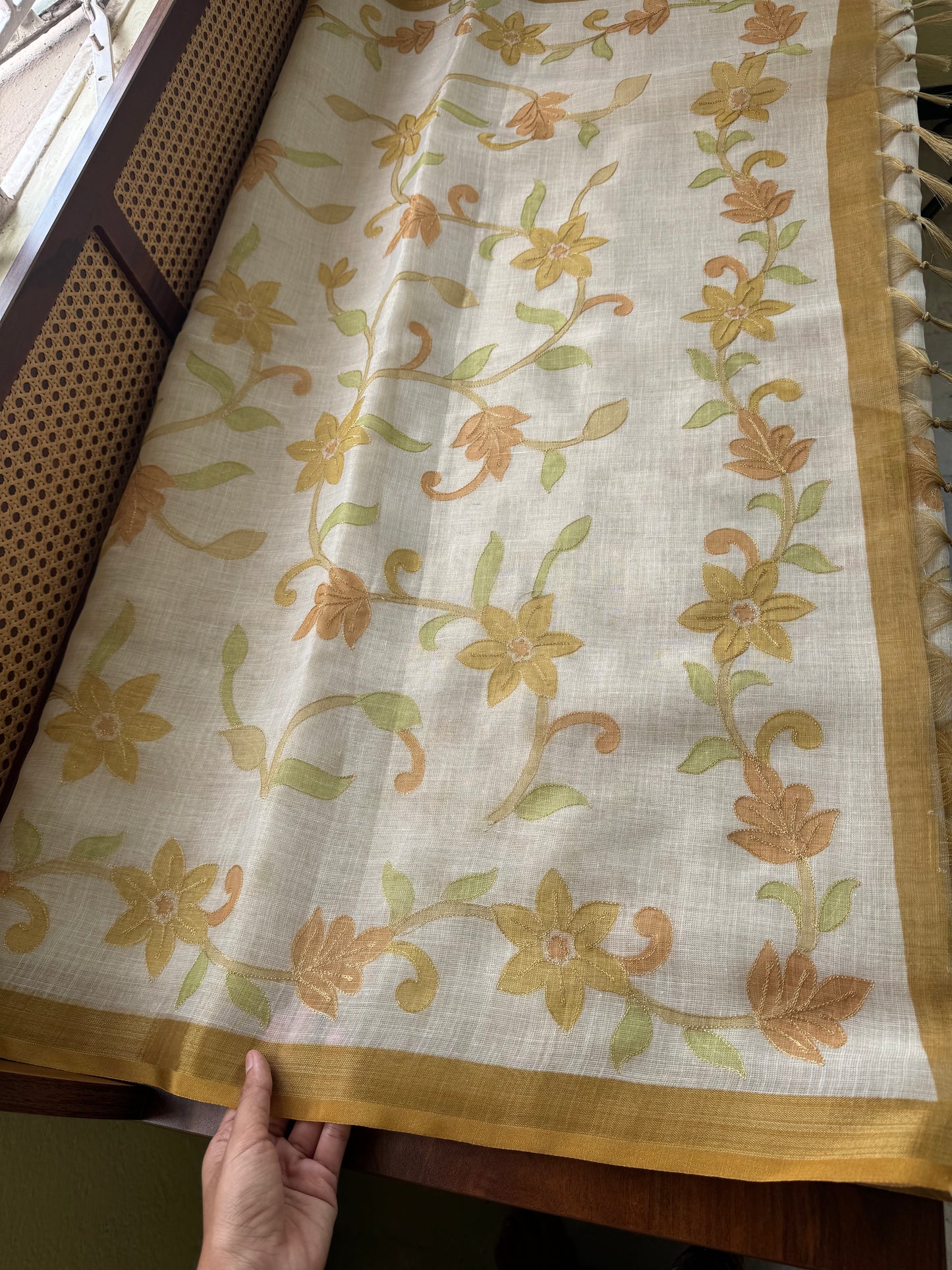 Tissue Linen Saree with Aari work - Half White & Henna Green