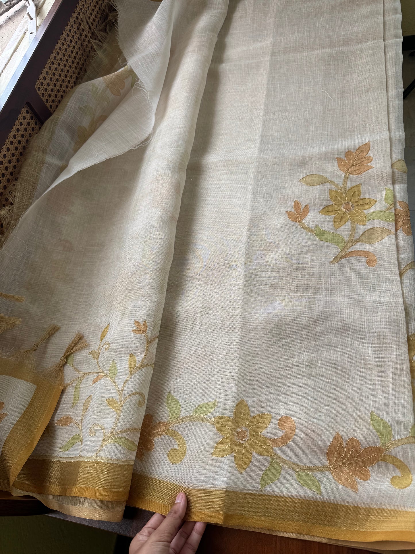 Tissue Linen Saree with Aari work - Half White & Henna Green