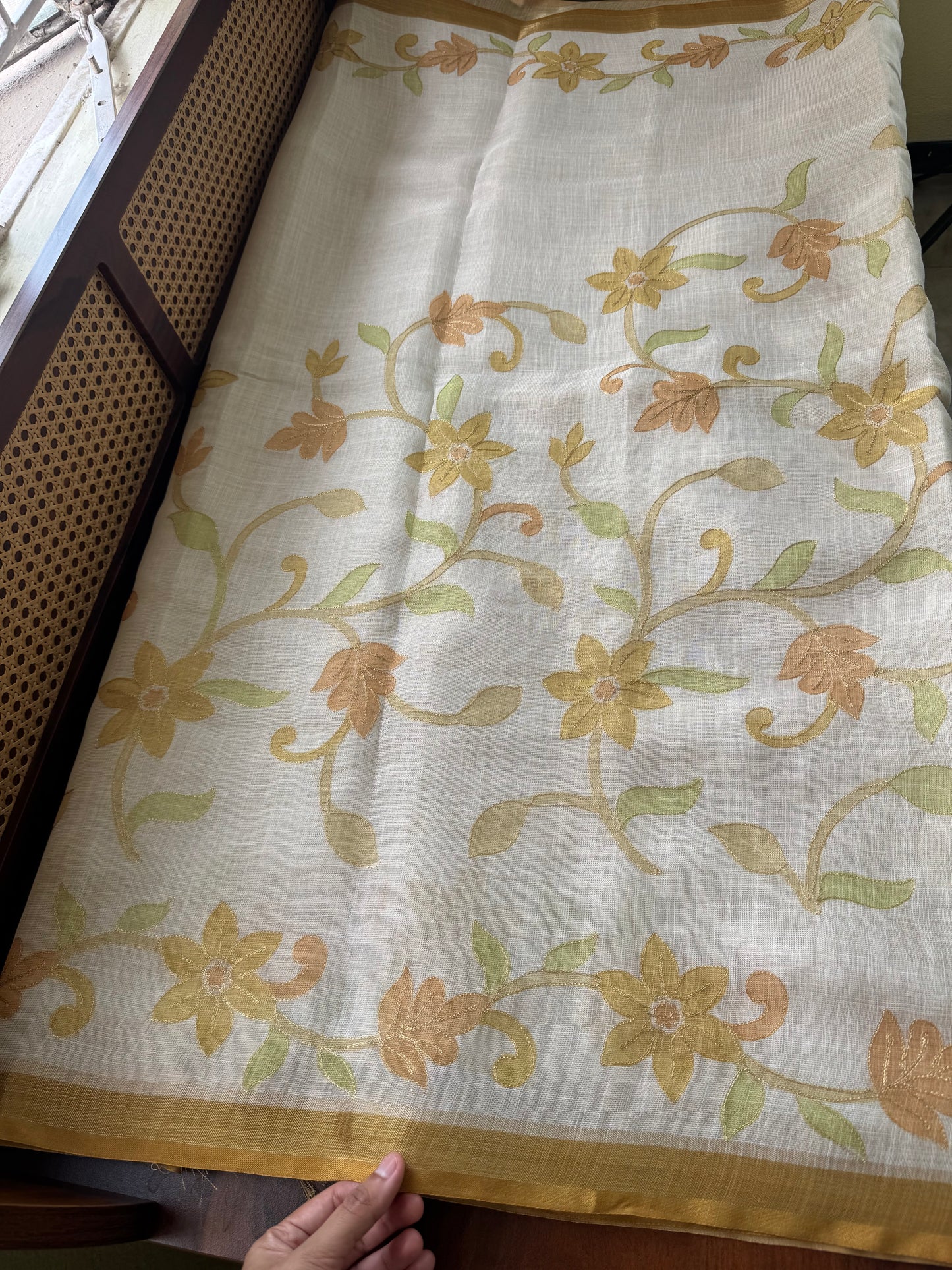 Tissue Linen Saree with Aari work - Half White & Henna Green