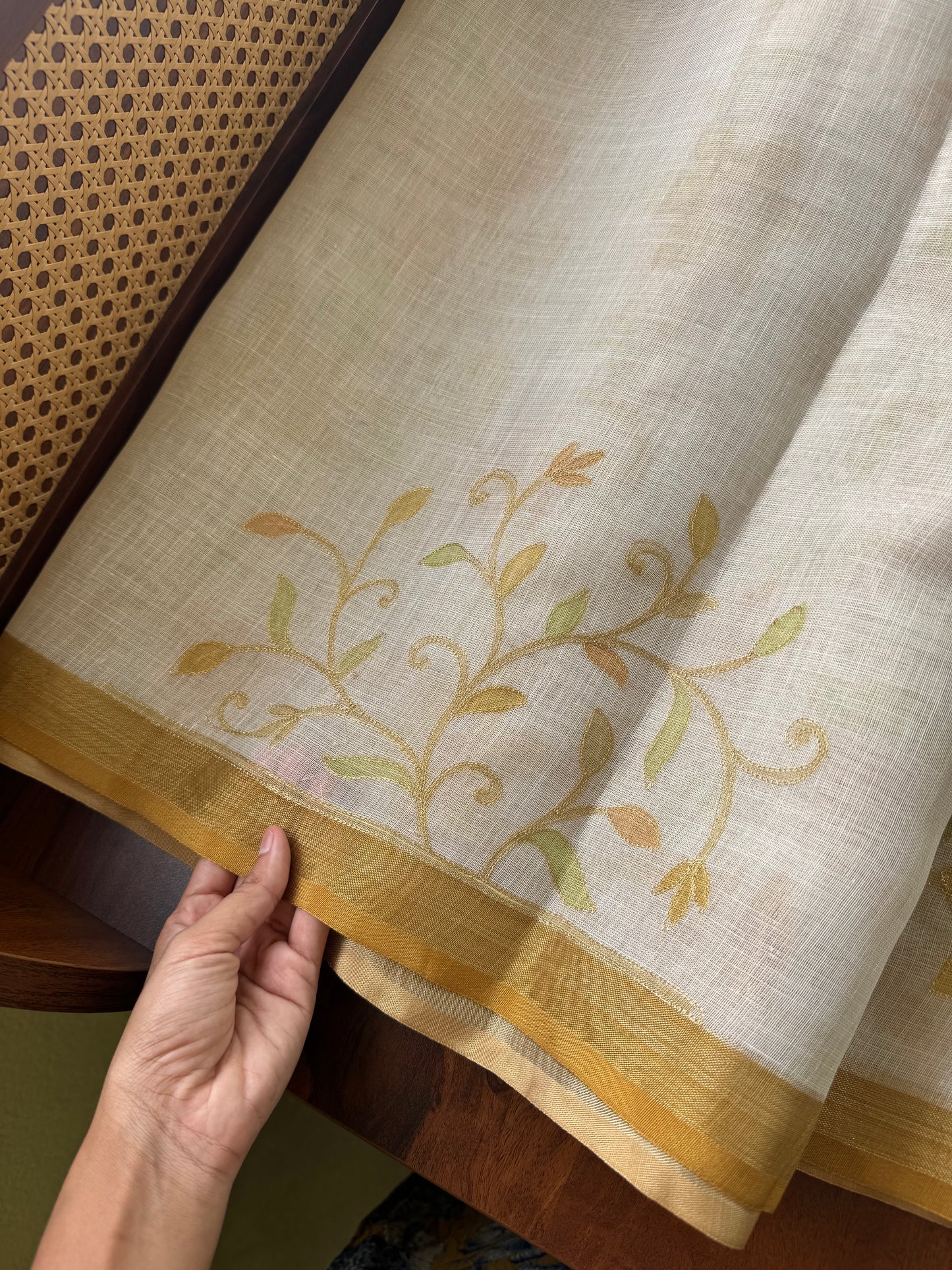 Tissue Linen Saree with Aari work - Half White & Henna Green