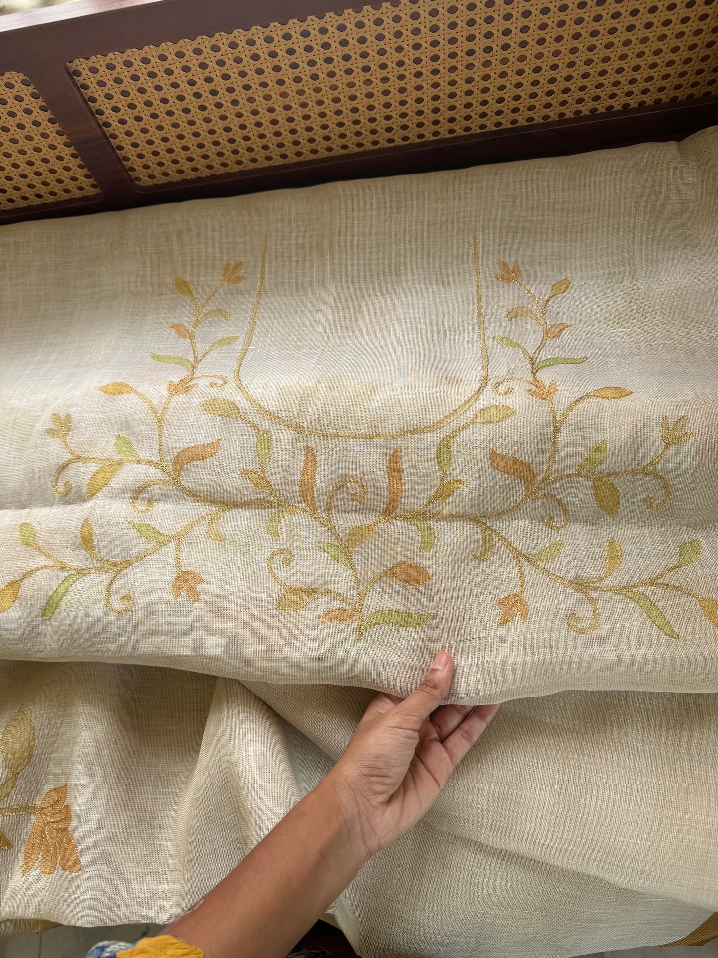 Tissue Linen Saree with Aari work - Half White & Henna Green