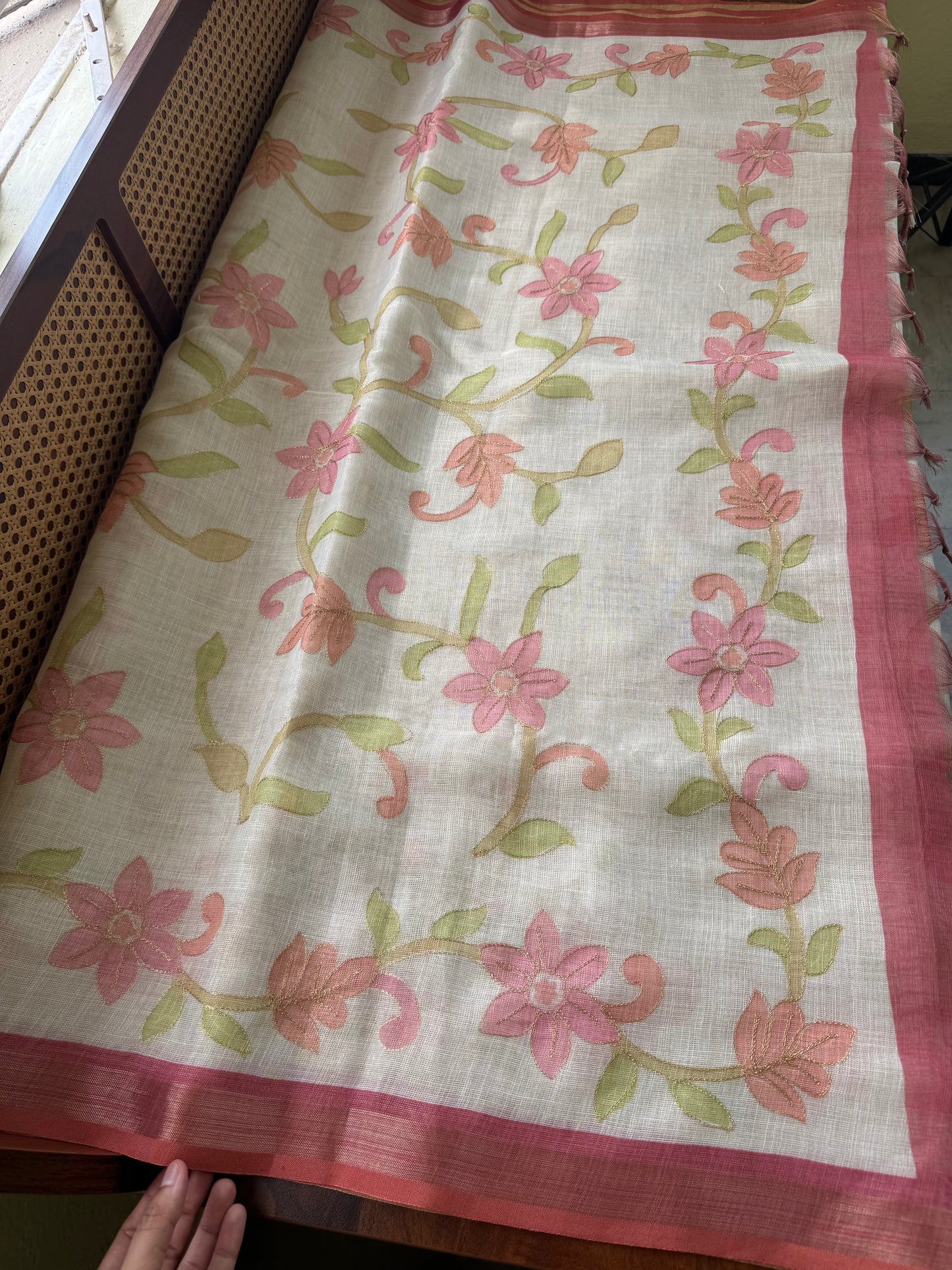 Tissue Linen Saree with Aari work - Half White & Peach Pink
