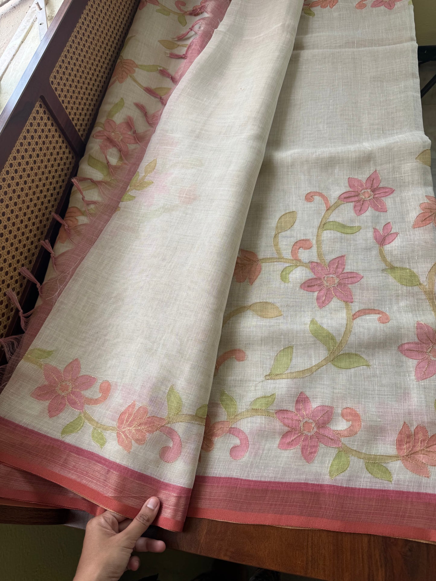 Tissue Linen Saree with Aari work - Half White & Peach Pink