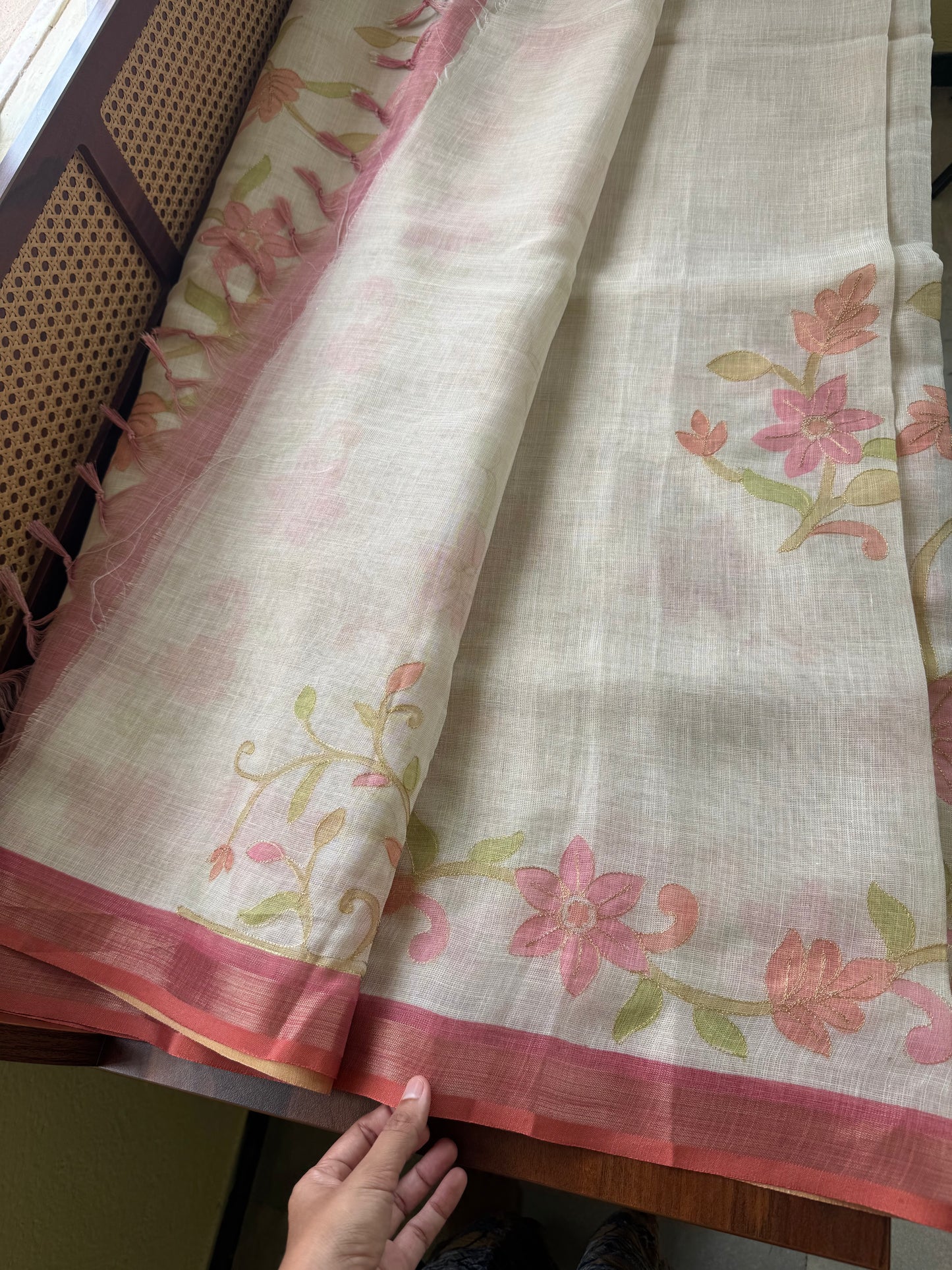 Tissue Linen Saree with Aari work - Half White & Peach Pink