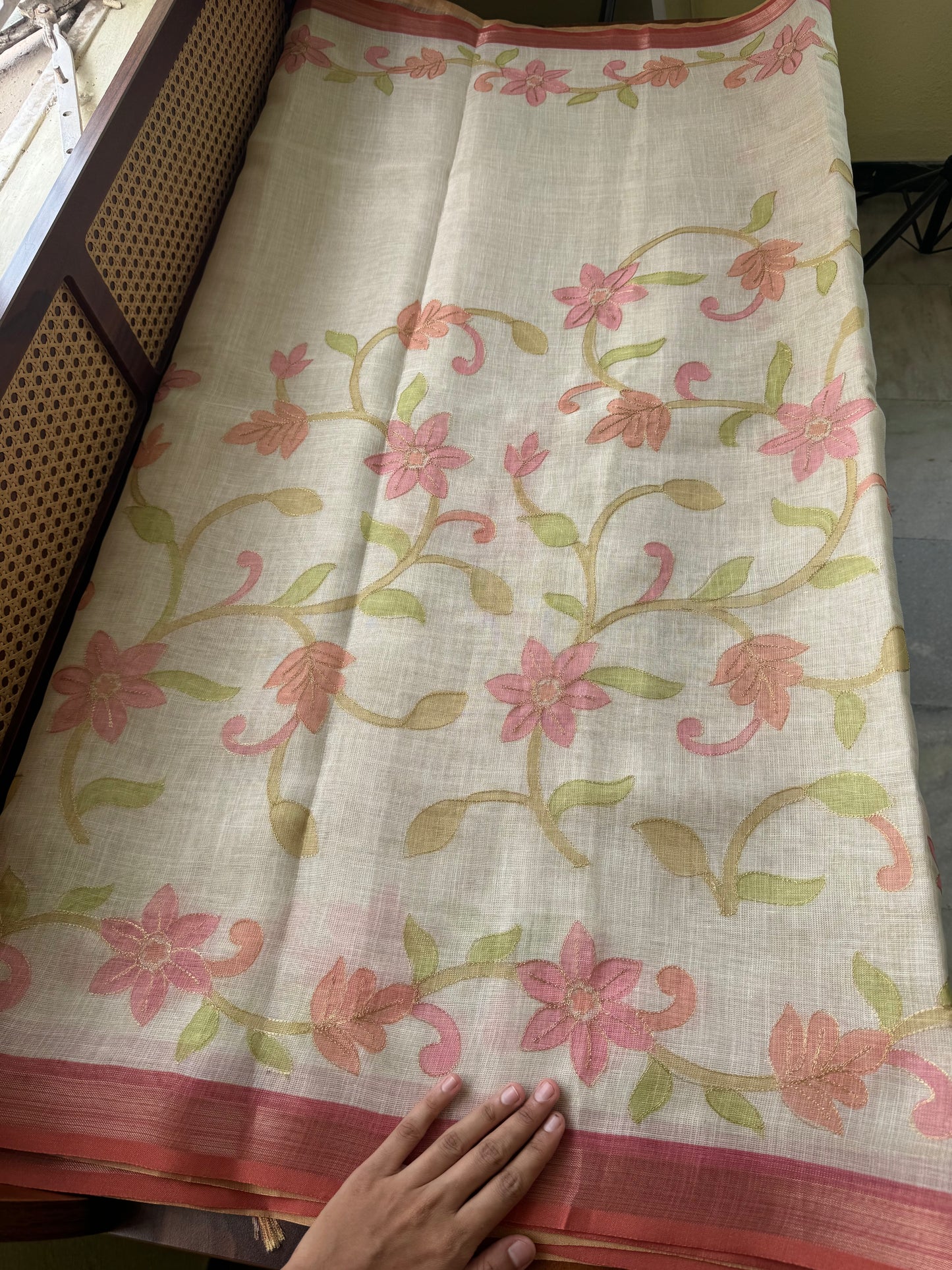Tissue Linen Saree with Aari work - Half White & Peach Pink