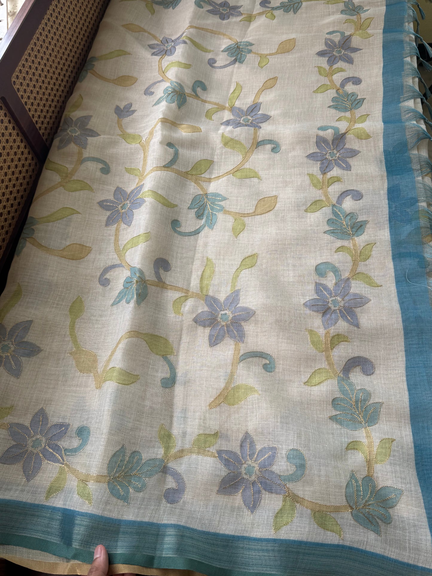 Tissue Linen Saree with Aari work - Half White & Blue