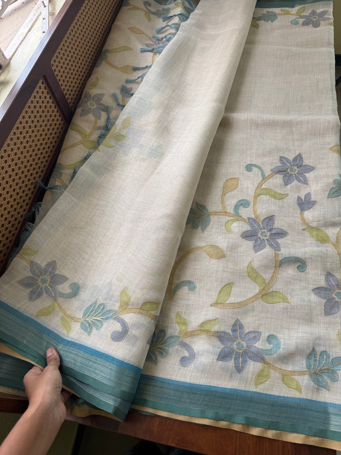Tissue Linen Saree with Aari work - Half White & Blue